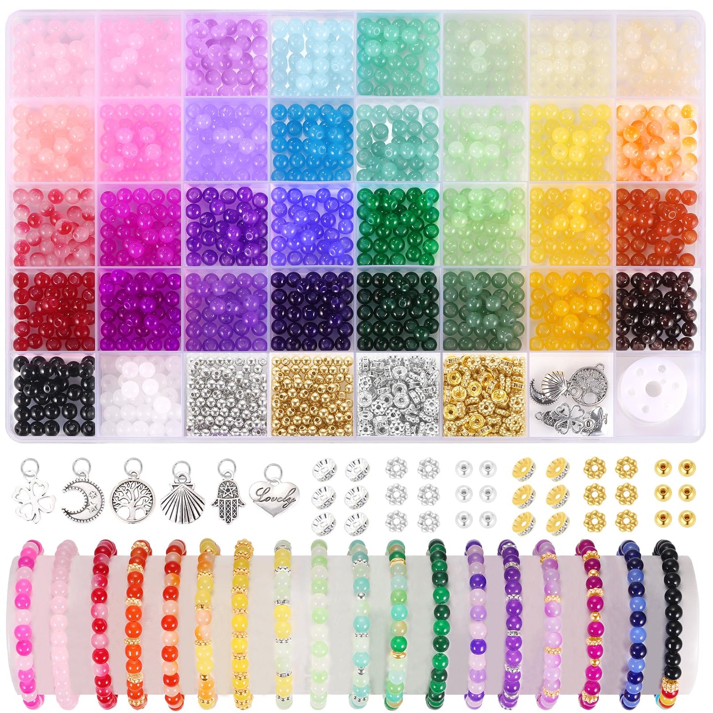 Funtopia 1400 Pcs Glass Beads for Bracelet Making, 34 Colors 6mm Crystal Gemstone Beads Imitative Jade Bead for Jewelry Making DIY Crafts Supplies for