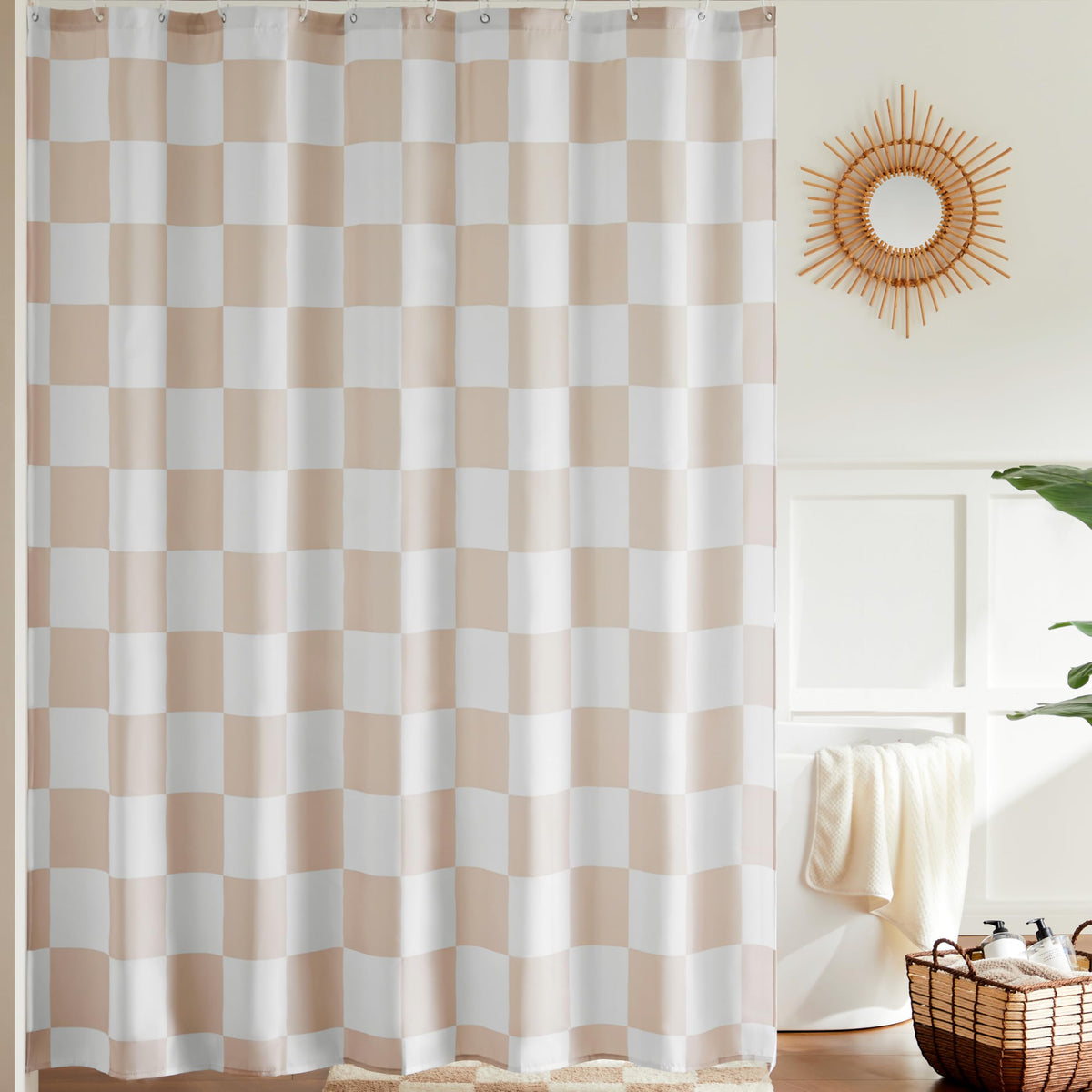 Ohocut Checkered Shower Curtain, Beige Shower Curtains for Bathroom, Cute Retro Neutral Checkerboard Shower Curtain Vintage Aesthetic, Machine