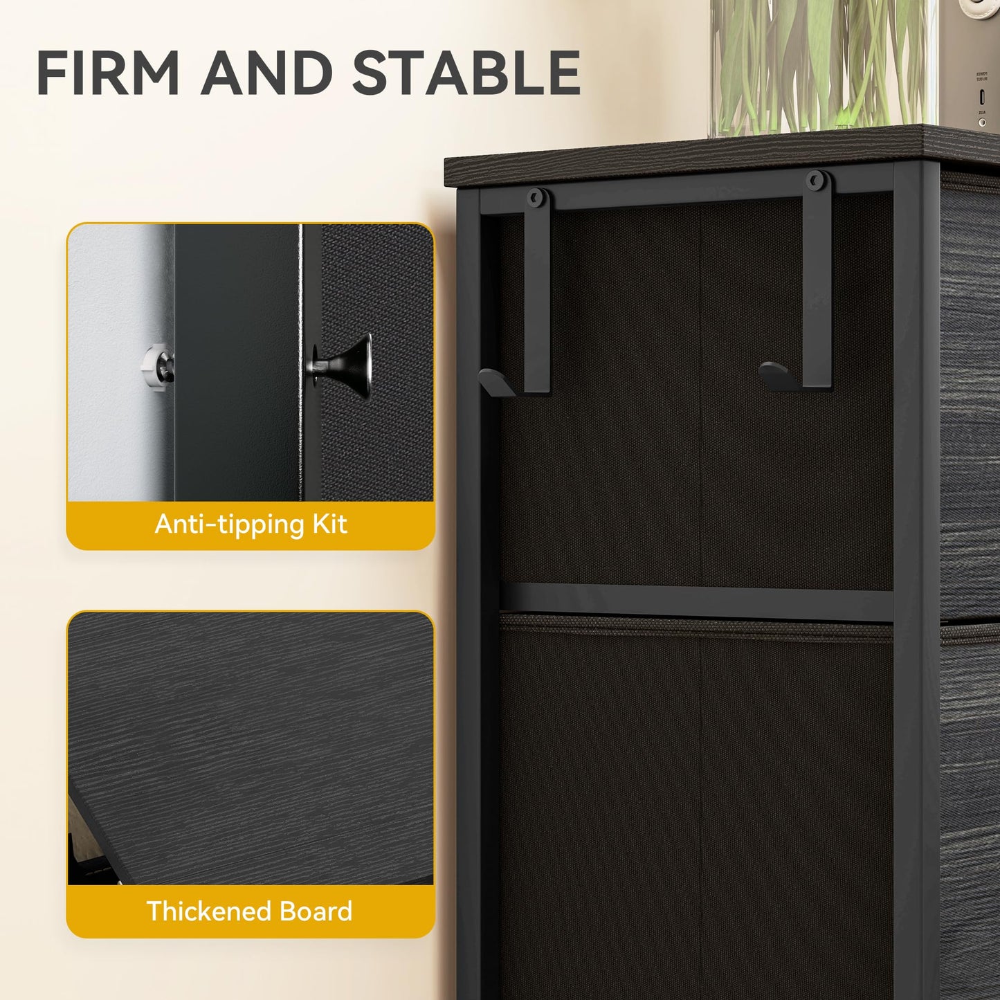 DWVO Narrow Chest of Drawers with 4 Drawers, Fabric Chest Drawers with Side Pocket&Hooks,Easy Pull Handle,Sturdy Steel Frame for Bedroom,Living