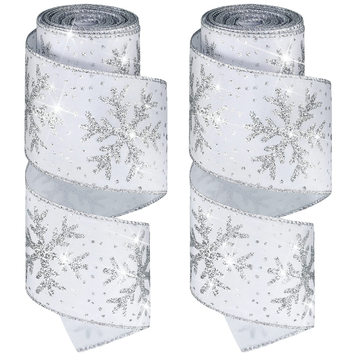 Xinnun Christmas Snowflake Wired Ribbon 2.5 Inches 2 Rolls Satin Glittered Snowflake Wired Edge Christmas Ribbon for Tree Gift Wrapping Home