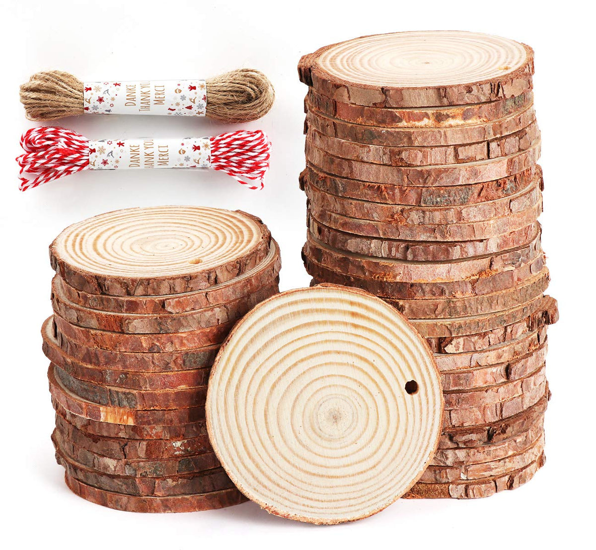 50 Pcs Natural Wood Slices 6-7cm Unfinished Predrilled Log Discs Wooden Circles with Natural Jute Twine for DIY Crafts Christmas Decorations Ornaments