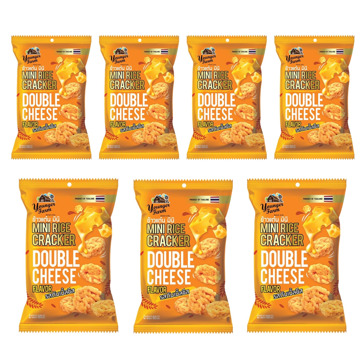 Younger Farm Double Cheese Mini Rice Crackers (Pack of 7) - Made from 100% Thai Sticky Rice, Gluten Free, Halal Certified