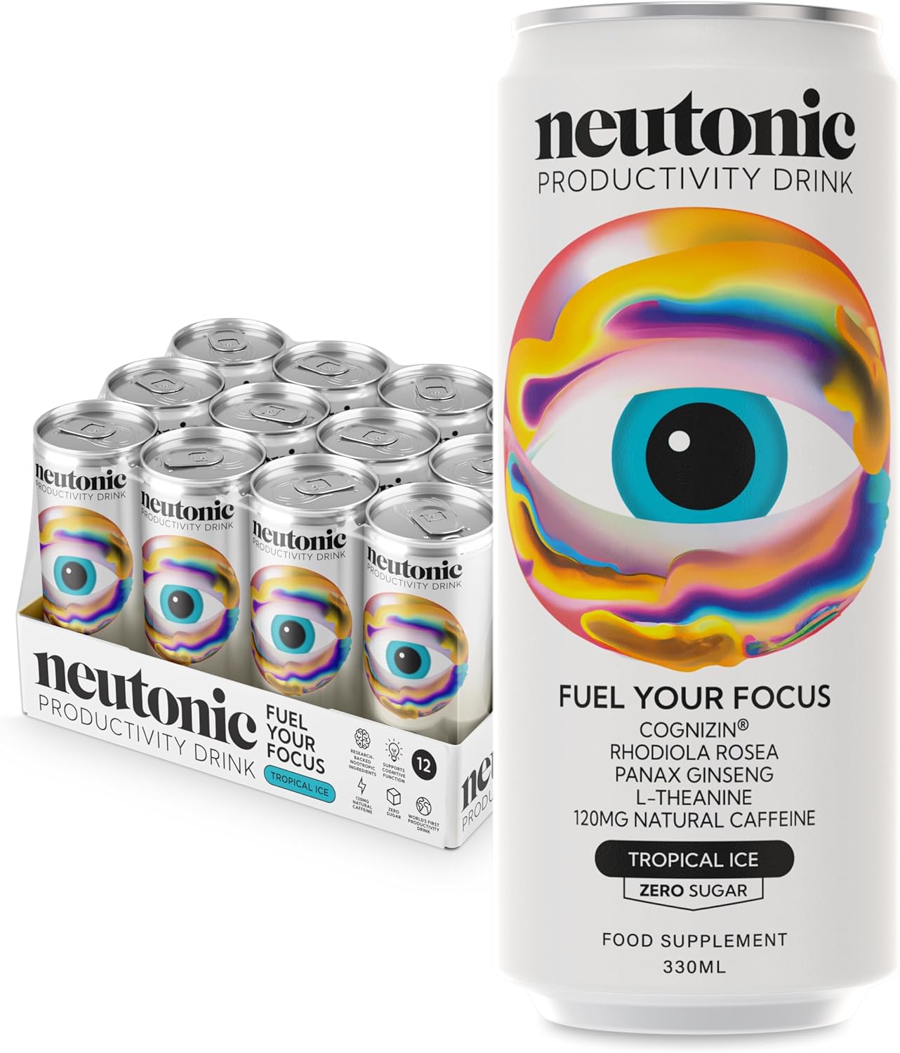 Nootropic Productivity Energy Drink | Tropical Ice 12 Cans | 120mg Natural Caffeine, Zero Sugar | Support Energy, Mental Performance