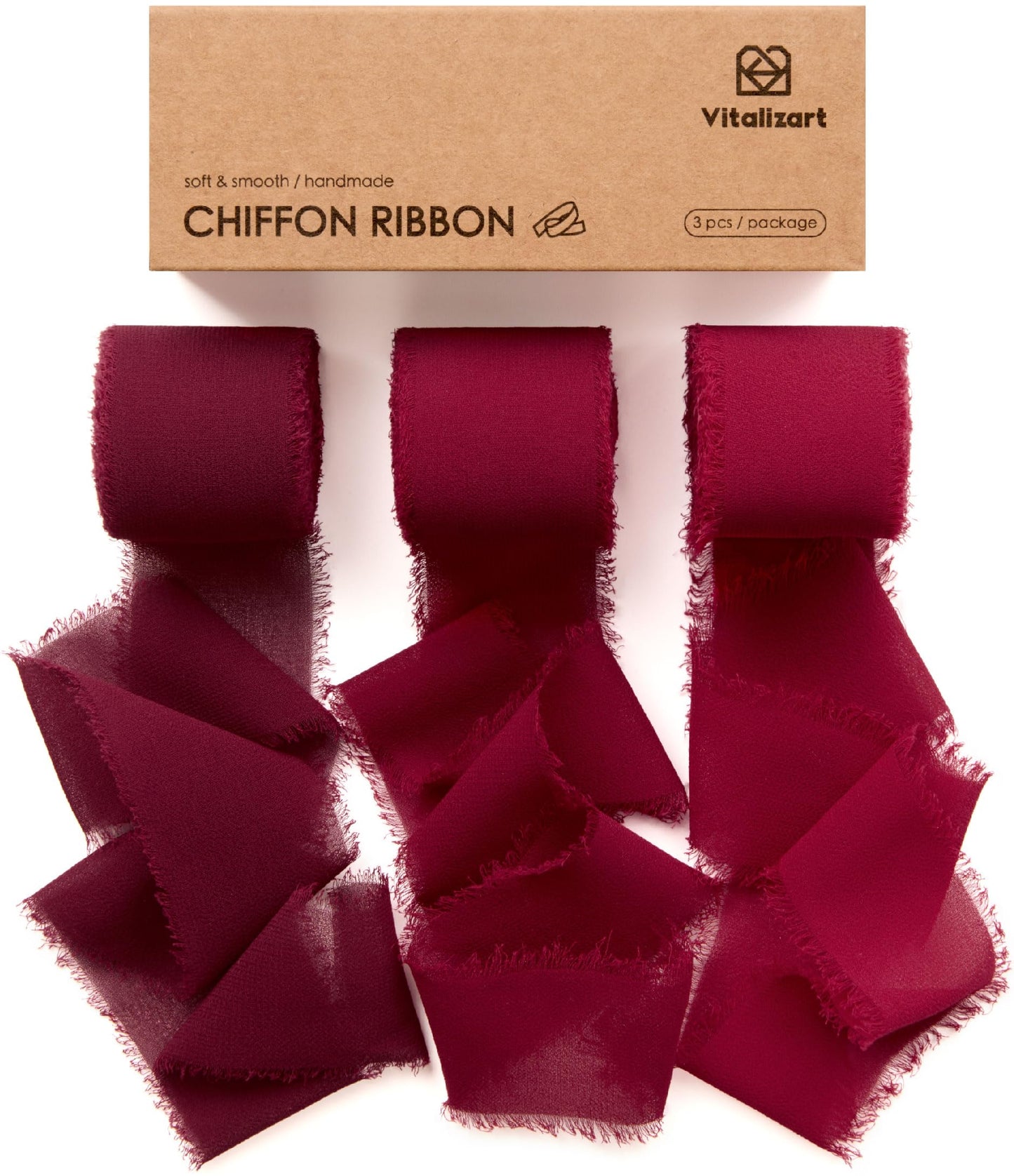 Vitalizart Burgundy Chiffon Silky Ribbon Handmade Fringe, 1.5" x 21 Yd Frayed Edges Red Ribbons for Wedding Invitations Bridal Bouquets Gifts Wrapping