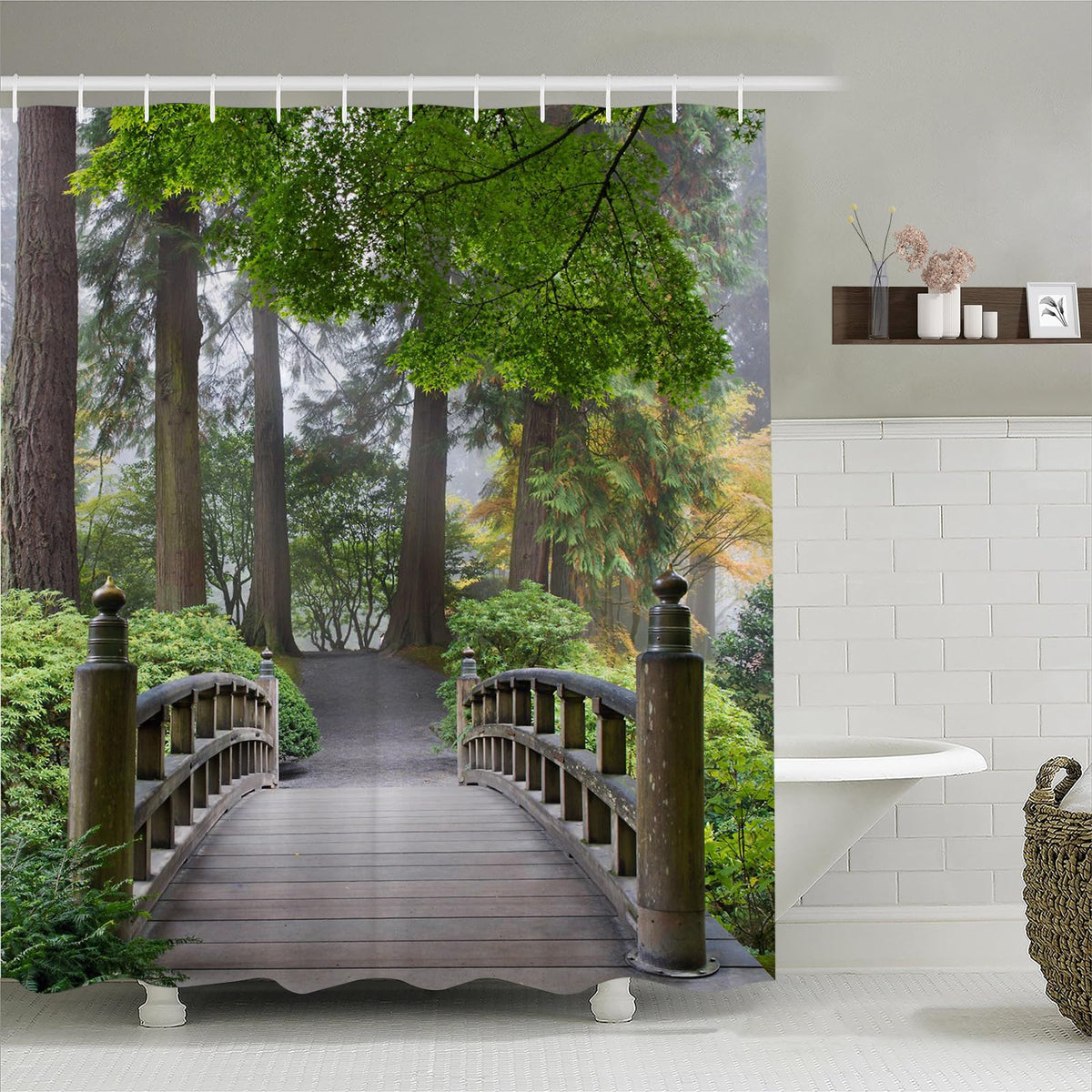 Simpomsy Japanese Shower Curtain Morning Foggy Wooden Bridge Japanese Garden with Various Types of Trees Polyester Fabric Shower Curtain Green with 12