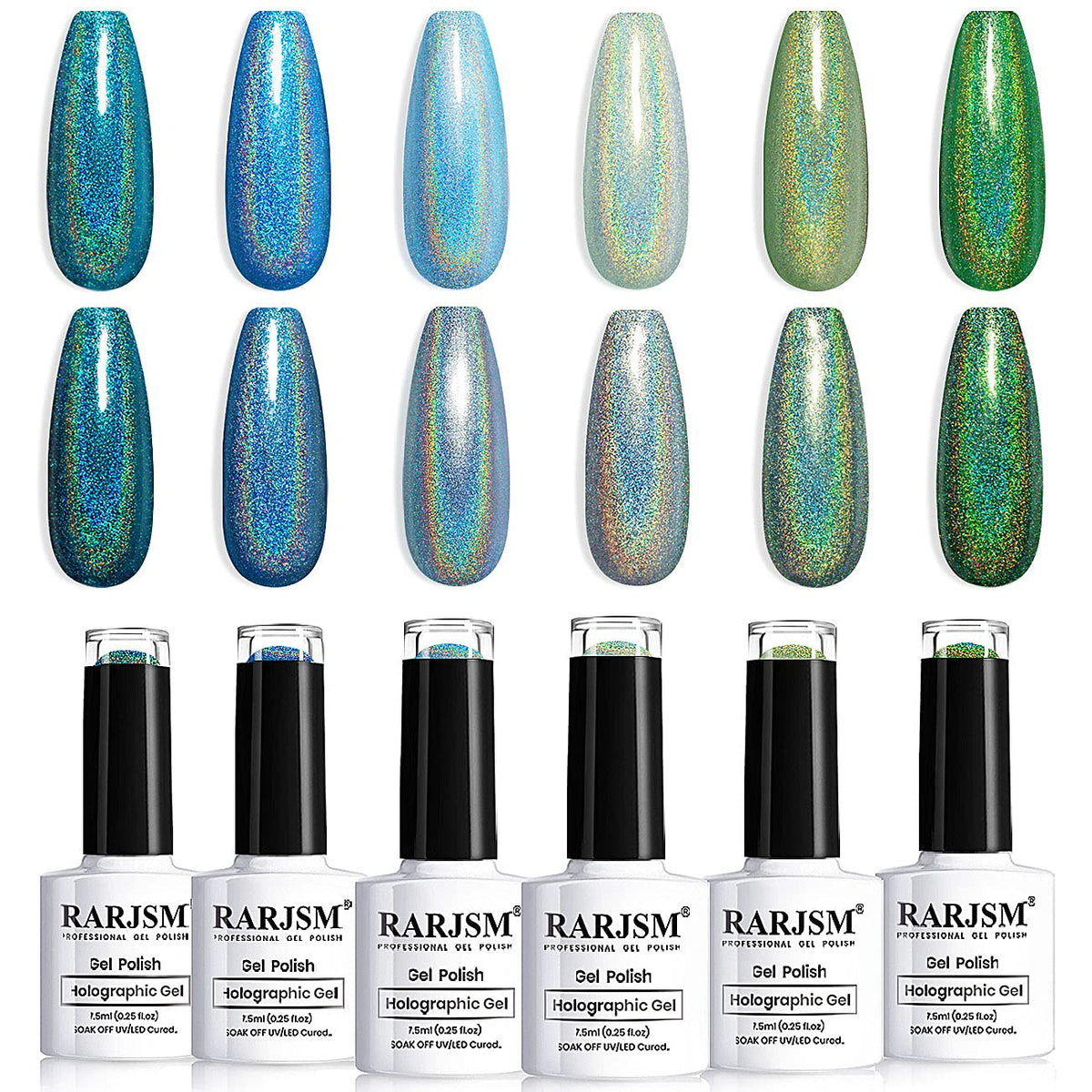 RARJSM Holographic Gel Nail Polish Set,Glitter Blue Green Gel Polish Kit Misty Forest Collection Soak Off 6PCS 7.5ML Curing Required Unicorn Mirror