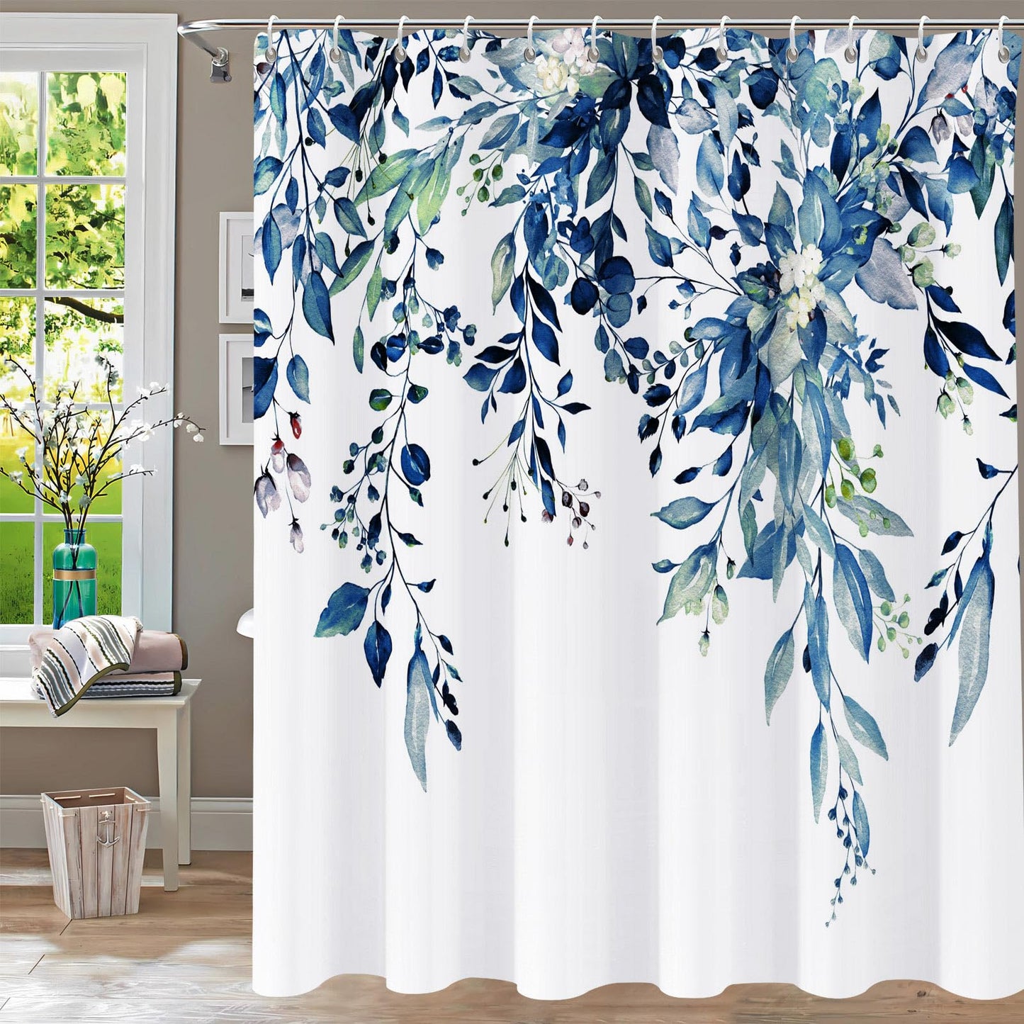 YiarTaan Shower Curtain Blue Eucalyptus Shower Curtains for Bathroom, Watercolor Leaf Shower Curtain Sets Waterproof Plant Shower Curtain Leaves