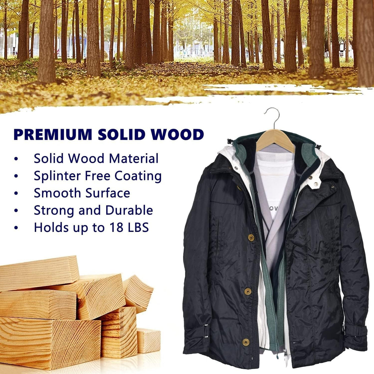 Amber Home 44.5cm Natural Wooden Coat Hanger 30pcs, Space Saving Wood Clothes Hanger with Non Slip Pants Bar and Shoulder Notches, Suit Hangers Racks