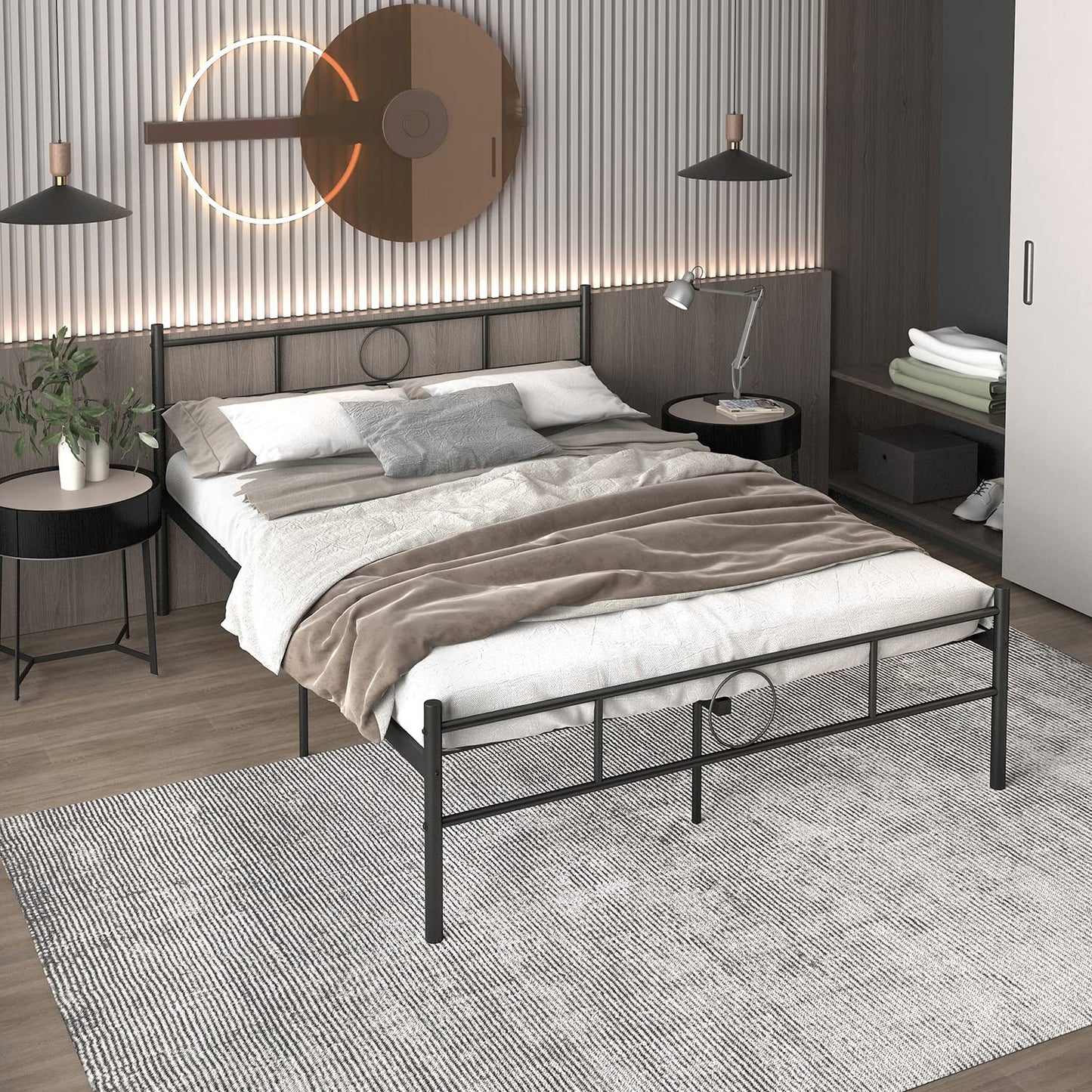 FurnitureR 4ft6 Double Metal Bed Frame Nordic Modern Style,Metal Poweder Coated Bed With Sturdy Slat for Teenagers/Adults/Twins,for Bedroom, Student