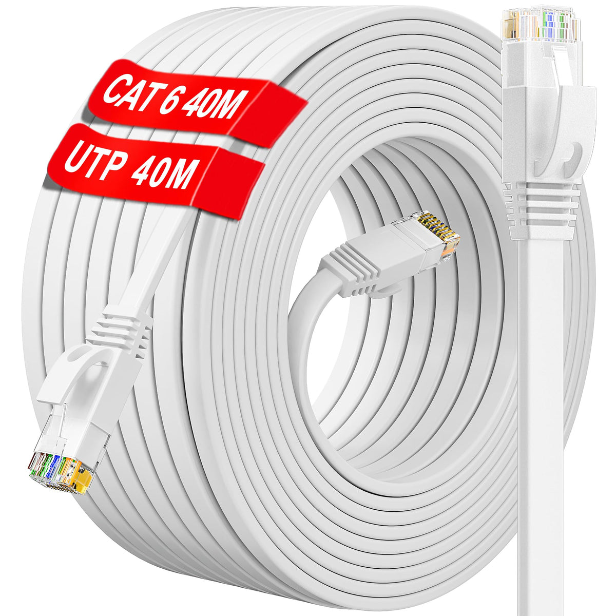 Ethernet Cable 40m, Cat 6 Long Network Cable 40m Flat White, Internet Cable High Speed 1000Mbps 250MHz, RJ45 LAN Cable Outdoor Indoor Waterproof