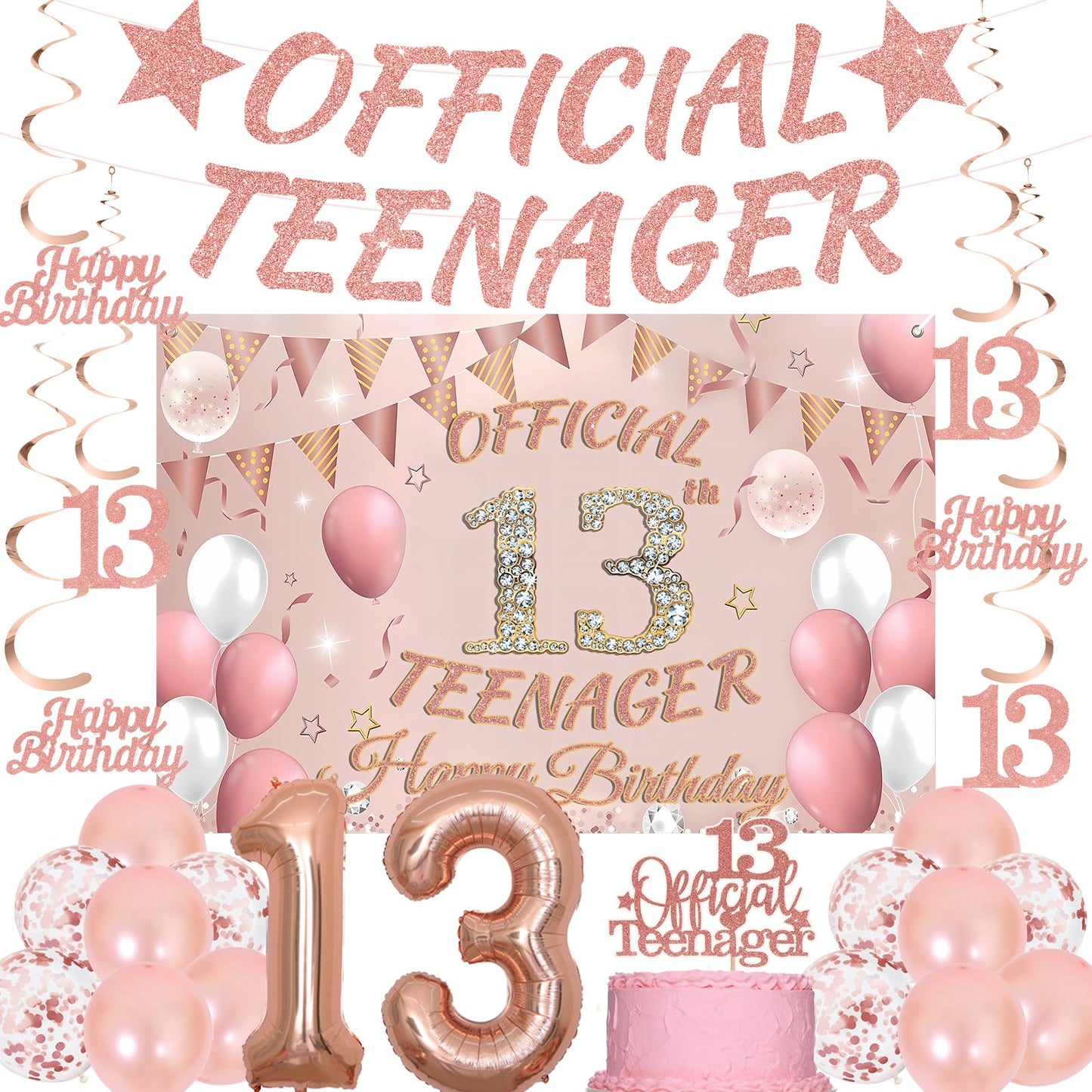 13th Birthday Decorations Girls Set - 25 Pcs Rose Gold Official Teenager Banner Bunting Hanging Swirls Streamers Number 13 Balloon 59*39 Inch Backdrop