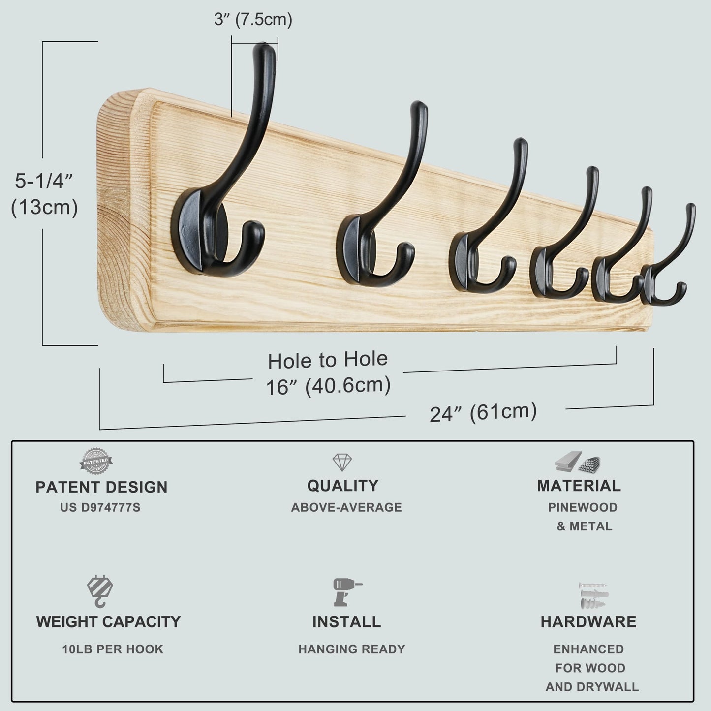 Dseap Coat Rack Wall: 60cm Long, Patented, Heavy-Duty, 6-Double-Hooks Wooden Wall Mounted Coat Rack Coat Hanger Hook Rail for Winter Coats Hat Jacket