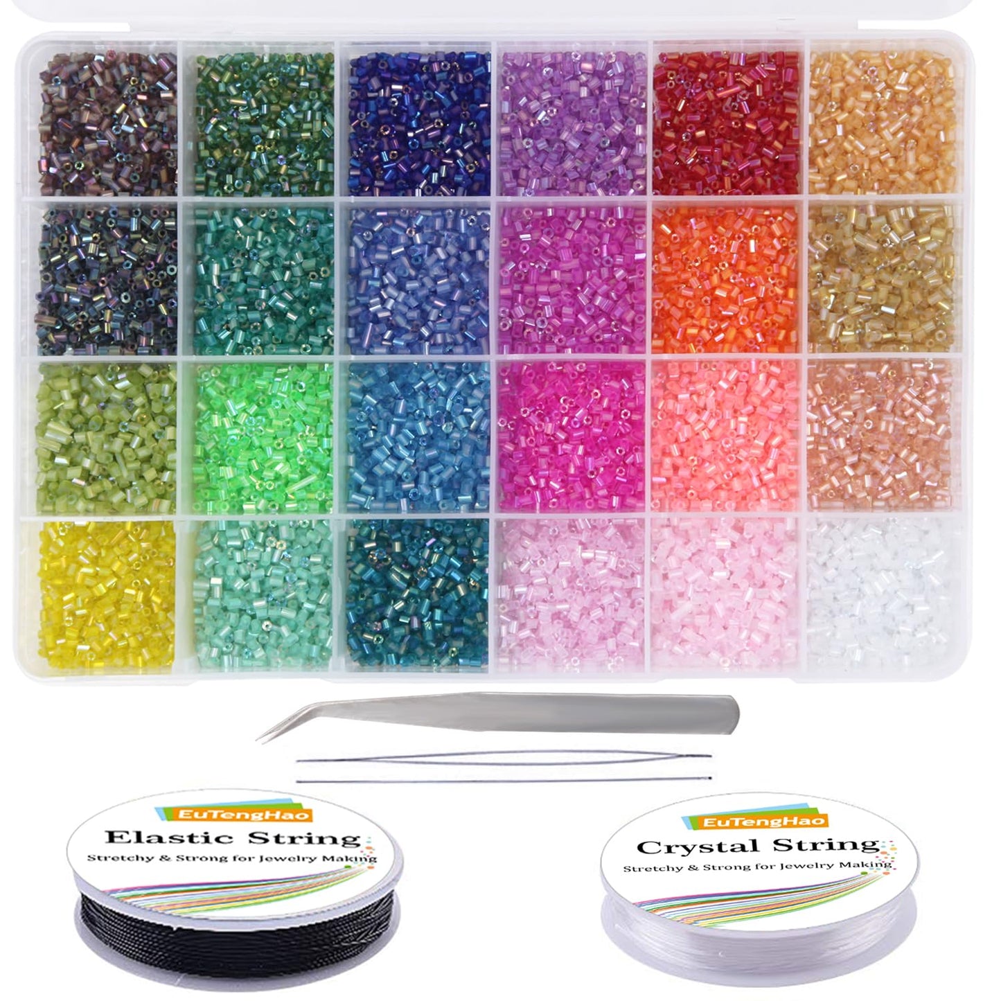 EuTengHao 14400pcs Glass Tubular Beads for DIY Crafts Bracelet Necklace Jewelry Making with Two Crystal Strings (3mm, 24 Colors)