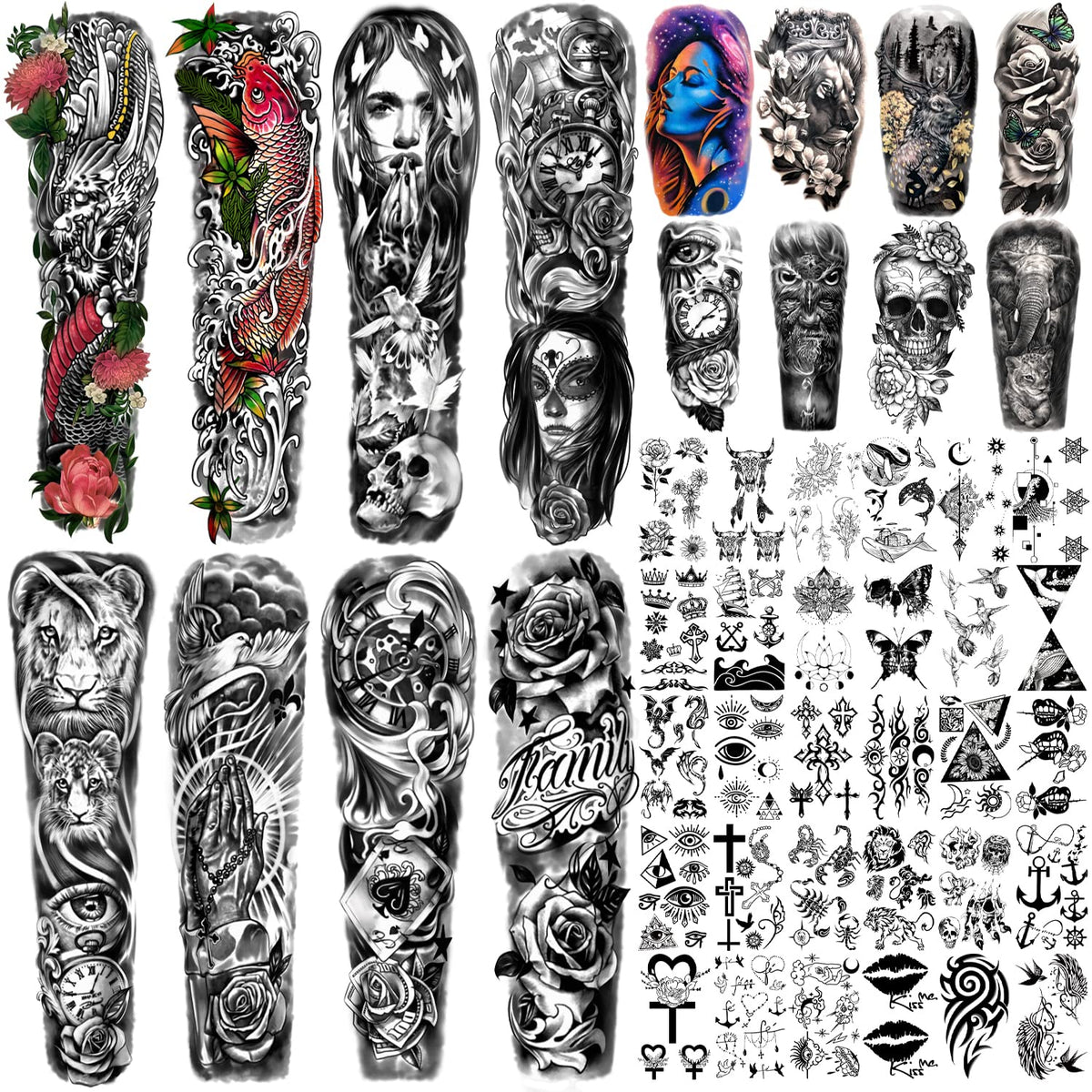 Metuu 46 Sheets Large Size Full Arm Temporary Tattoos For Men and women, Lion Dragon Clock Flower Skeleton Shoulder Forearm Temp Waterproof Tattoo