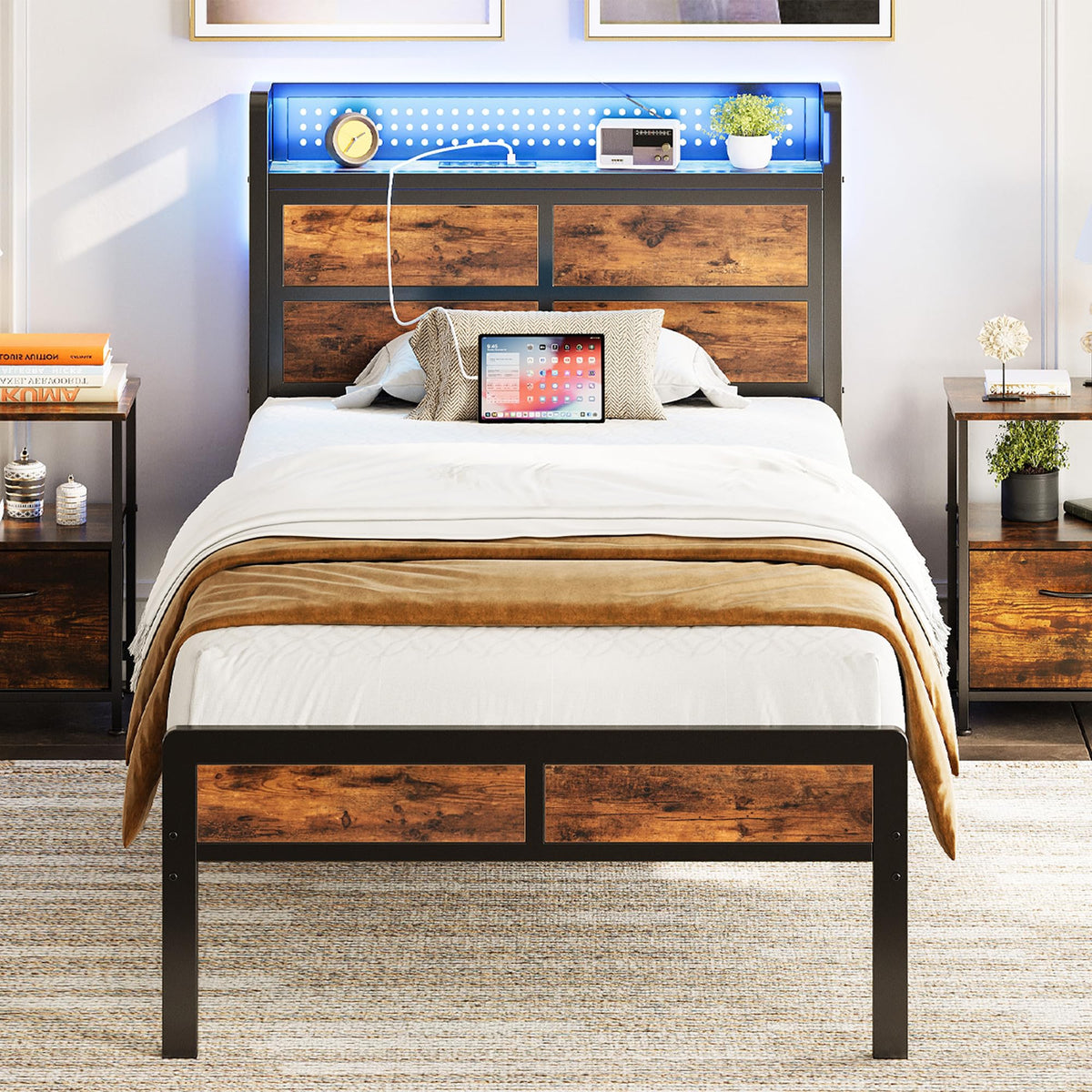 IRONCK Single Bed Frame with Storage Headboard & LED Lights, Platform Bed Frame Single with Charging Station, Metal Bed Frame, UnderBed