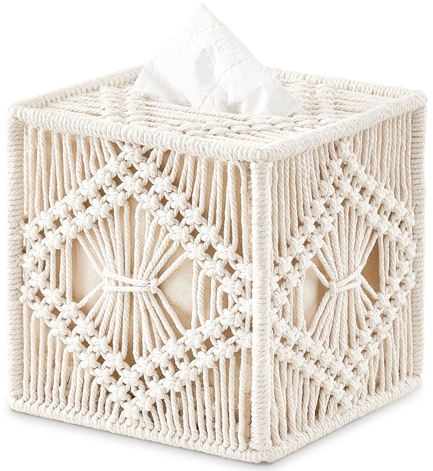 Mkono Tissue Box Cover Macrame Square Open-Bottom Tissue Box Holder Boho Decor Tissue Organizer Bohemian Handmade Woven Tissue Cube Box for Bathroom