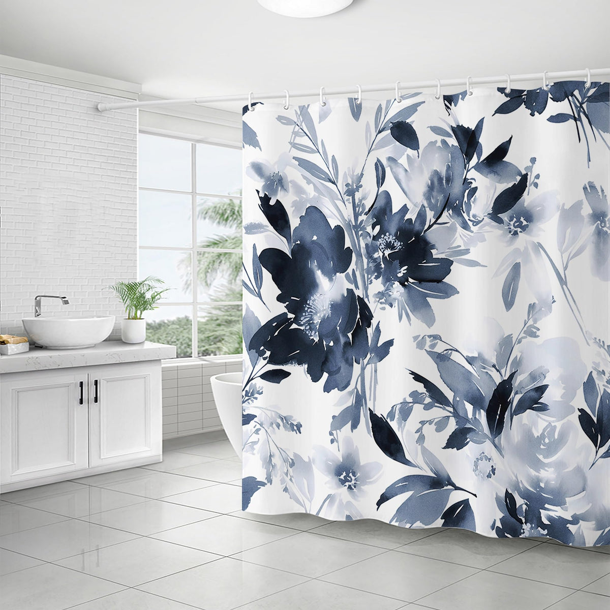 WELTRXE Shower Curtain Mould Proof Mildew Resistant, 183X183cm, Water Reisistant Polyester Fabric Shower Curtain with 12 Hooks, Weighted Hem, Navy