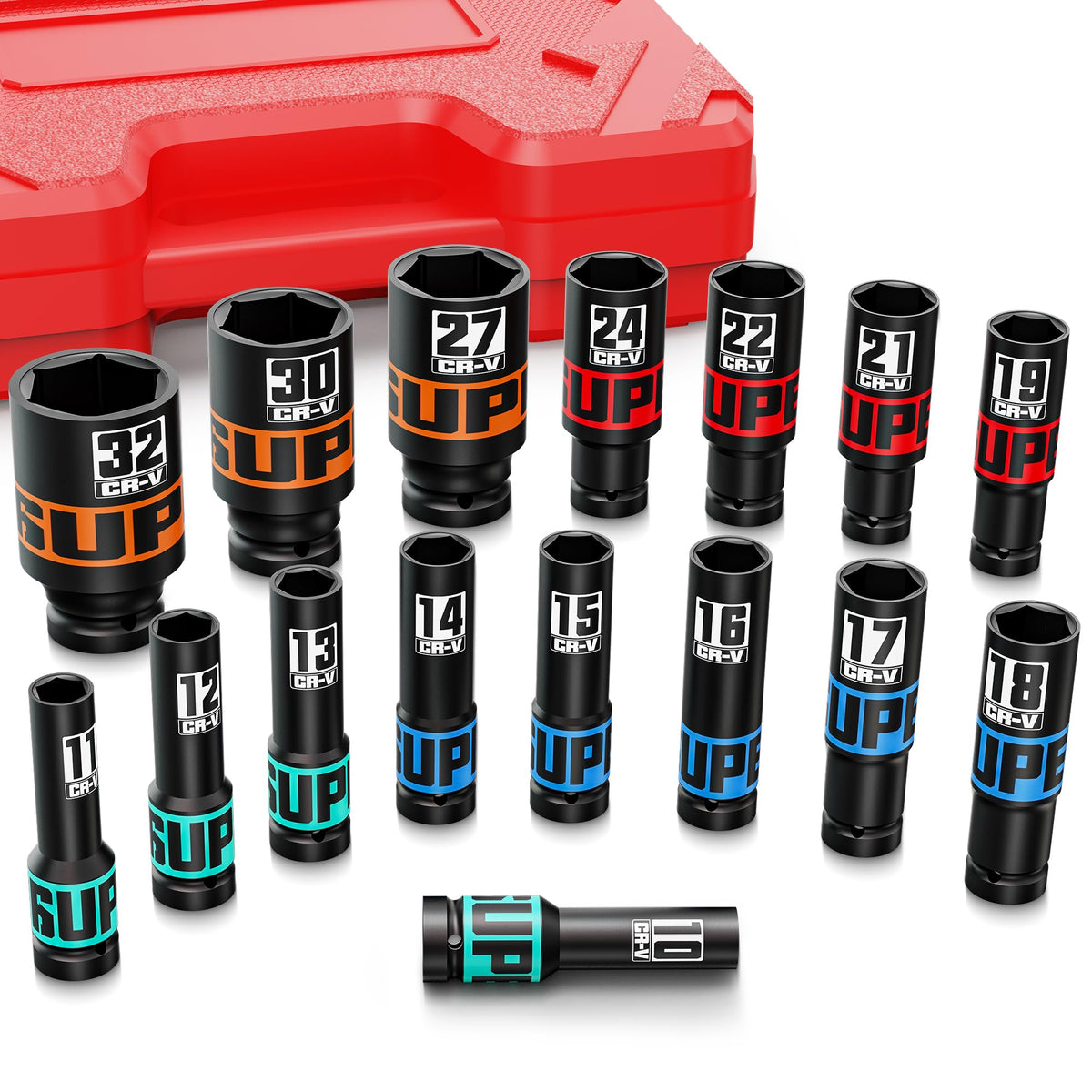 Aurlloct 1/2" Drive Impact Socket Set, 16Pcs Deep Sockets, 10-32 mm Hex Long Socket Set, Repair Automotive Truck Tractor Engine Maintenance
