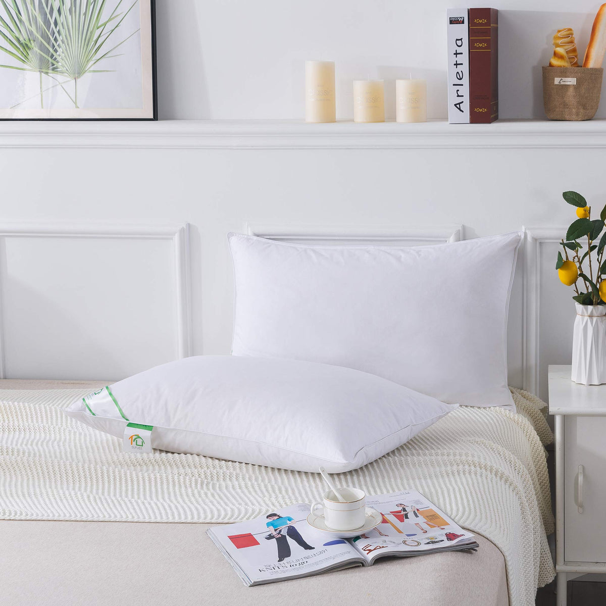 SUFUEE Goose Feather and Down Pillows Pair, Luxury Pillows with 100% Cotton Cover, Medium and Soft Firmness, Hotel Quality(48X74cm)