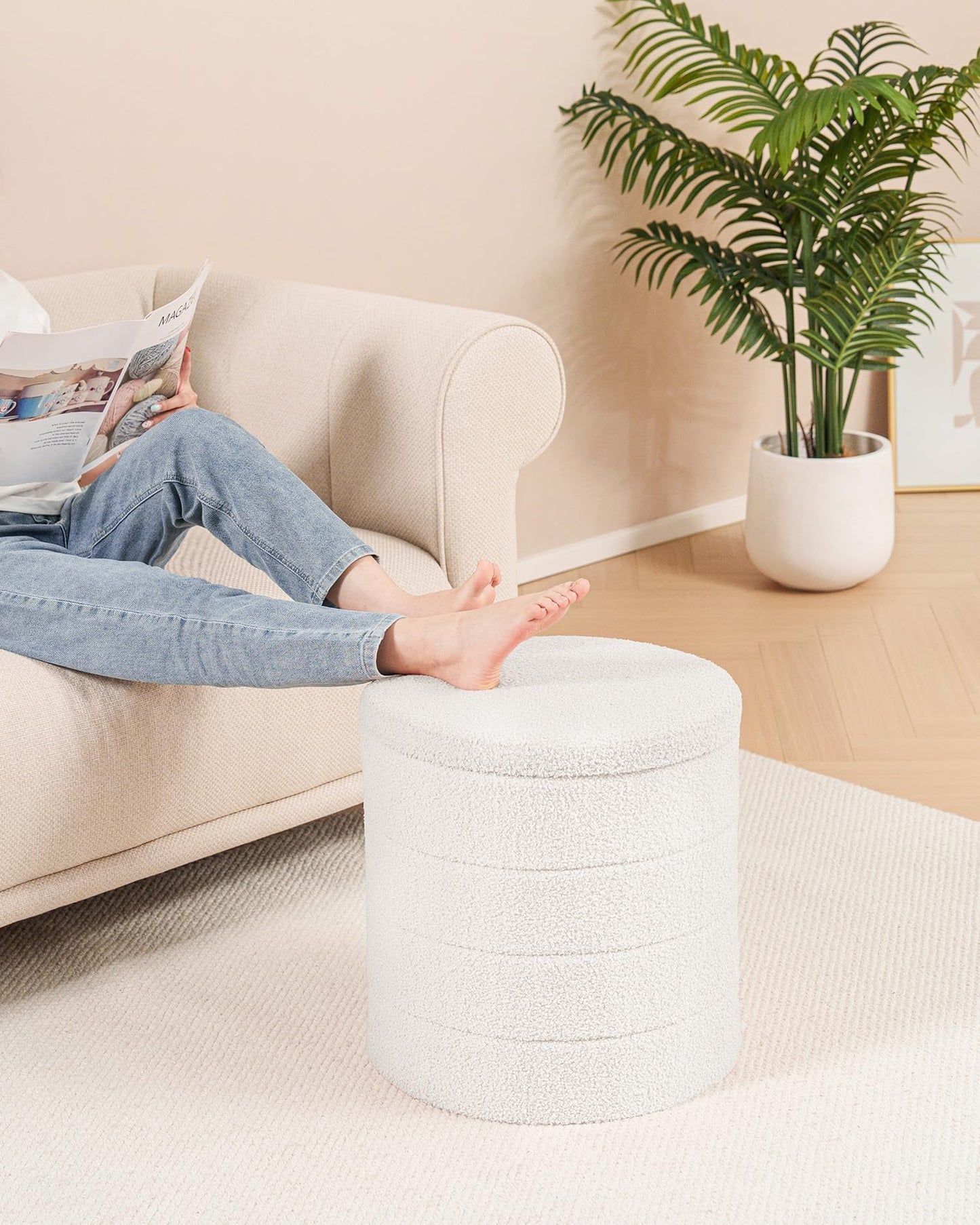 Bonlife Boucle Ottoman Storage, Foot Rest Stool Seat, Folding Footstool for Living Room, Sherpa Ottoman for Bedroom, Cream, 43x43x45 cm
