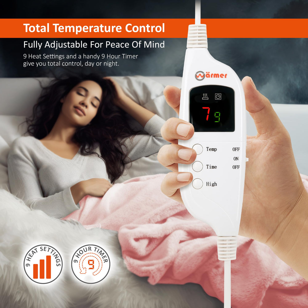 Warmer Electric Heated Throw Blanket - Digital Controller - 9 Hour Timer, 9 Heat Settings, Auto Shutoff, Detachable Controller - Machine Washable -