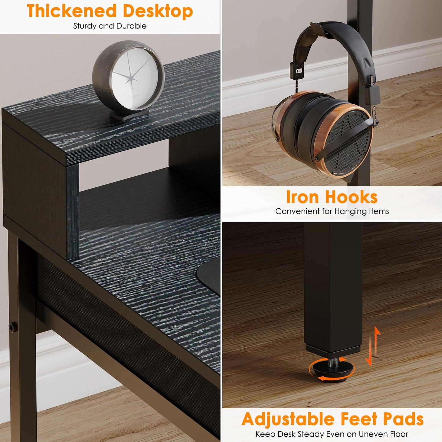 Feonase Ergonomic Computer Desk with Monitor Riser, 2 Under-Desk Drawers, CPU Stand & Hook – MDF Desktop for Home Office, Gaming & Study Black