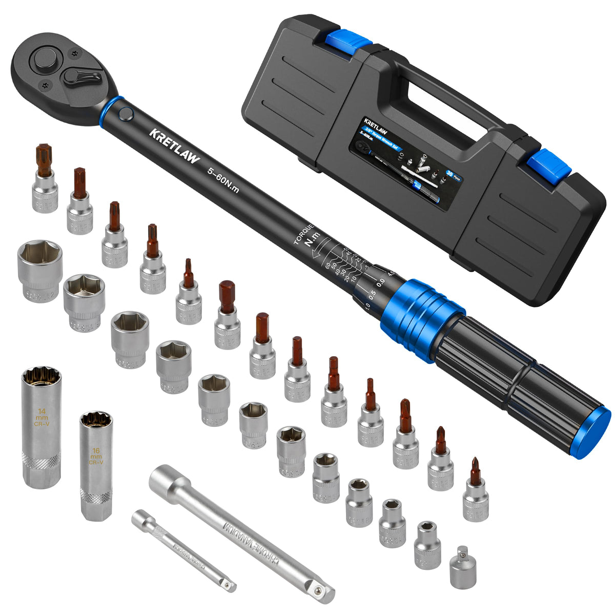 KRETLAW 3/8" Torque Wrench Set 30PCs, 5-60 Nm Drive Click Torque Wrench (72 Teeth ?3% Accuracy) with Extensions, Sockets, Adapter for Bike and