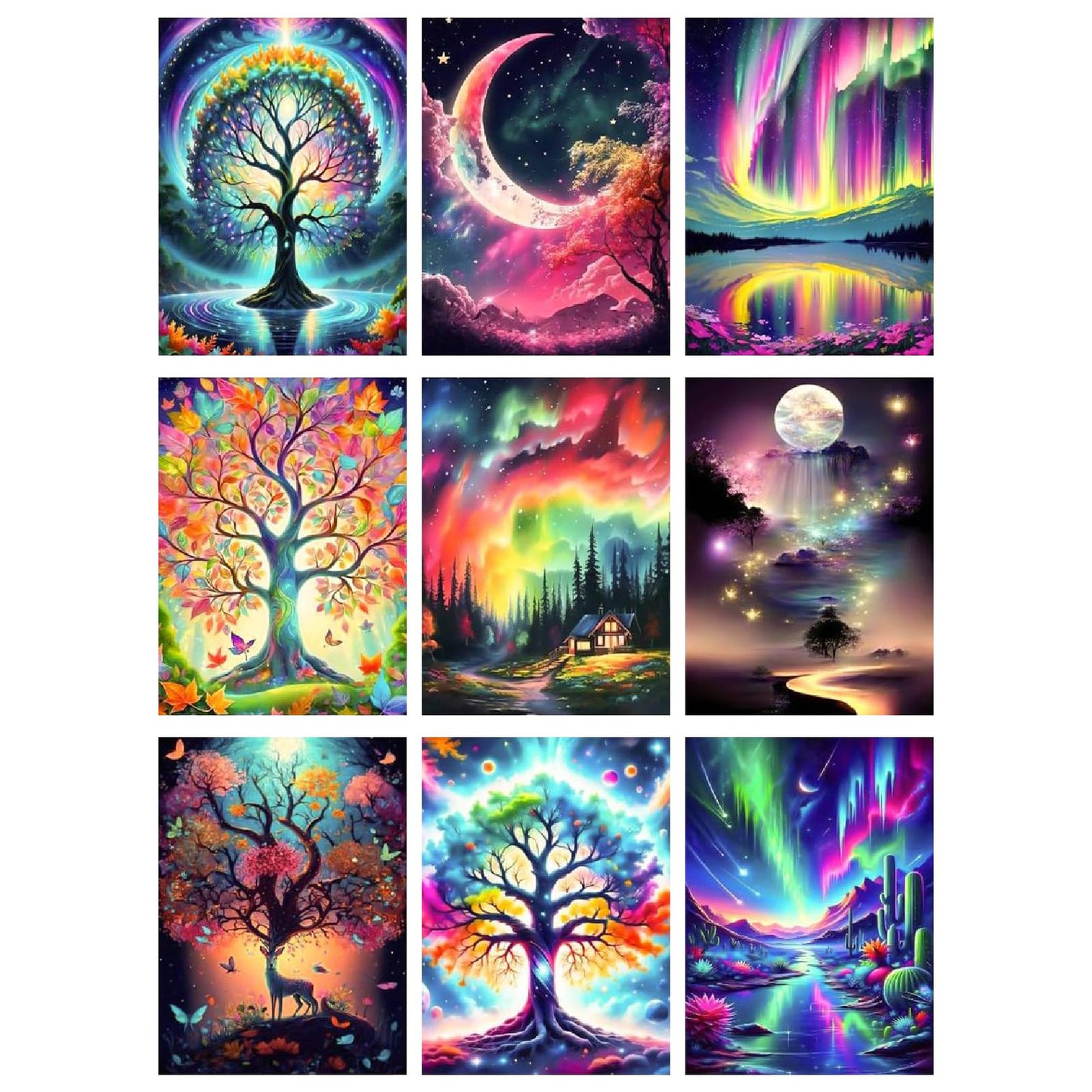 GJSZZO 9 Pack Diamond Painting Kits for Adults, Nature Landscape Diamond Art Kits for Beginners, 5D DIY Full Drill Tree of Life Aurora Moon Gem Arts