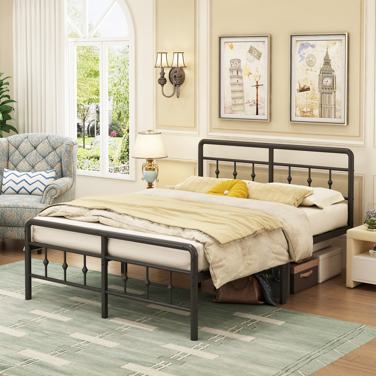 EMODA Double Bed Frame 4ft6 with Headboard and Footboard, Metal Bed Frame Double 46 cm High with Heavy Duty Slats Support, Noise Free, Easy Assembly,