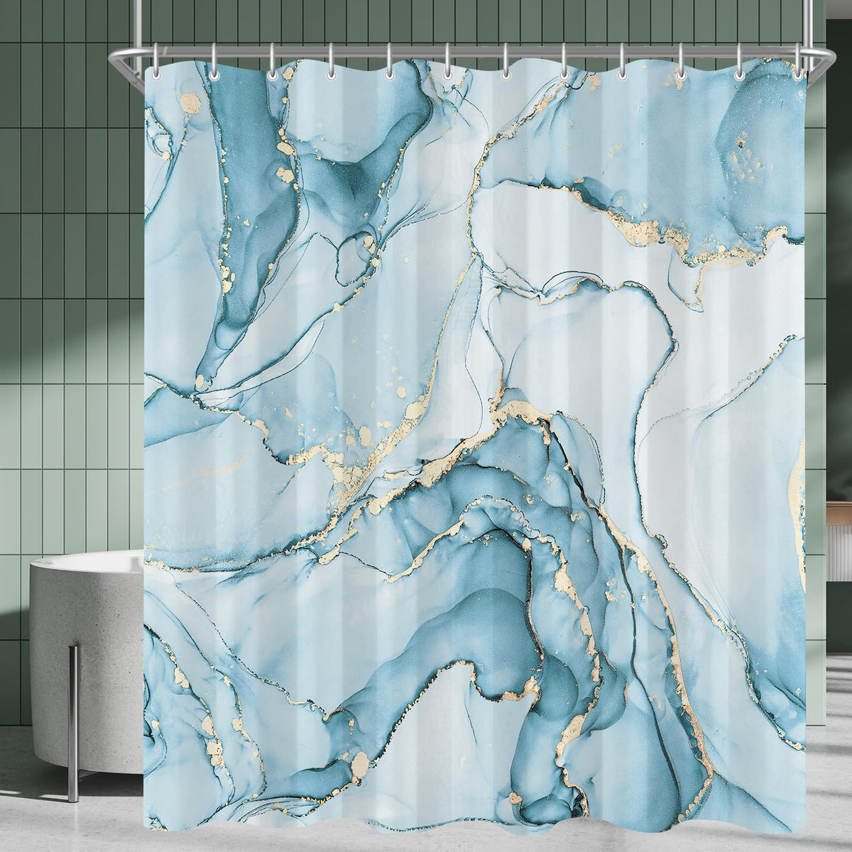 Lerores Shower Curtain, 180 x 200 cm, Light Blue Marble, Weighted Hem, Anti-Mould, Water-Repellent, Washable Polyester Bath Curtains with 12 Eyelets