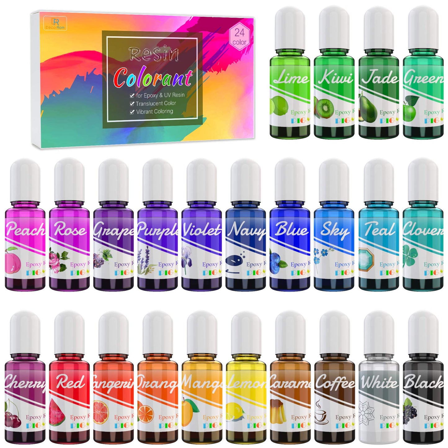 EPOXY UV RESIN PIGMENT - 24 Colours, Concentrated Epoxy Colourant for Resin Art & Jewelry Making - 10ml Each