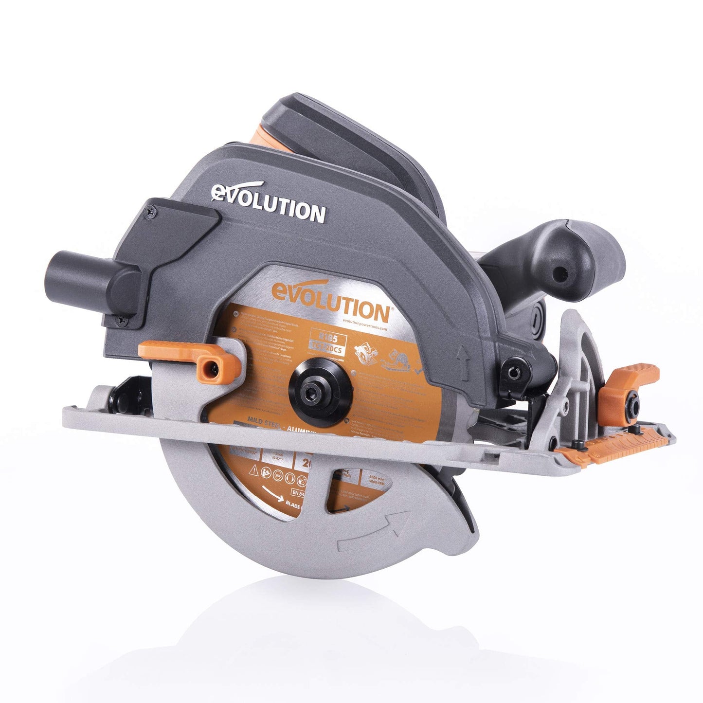 Evolution Power Tools R185CCS Circular Saw with TCT Multi-Material Blade, Cuts Wood, Metal, Plastic & More, Includes Parallel Edge Guide, 0-60? Bevel