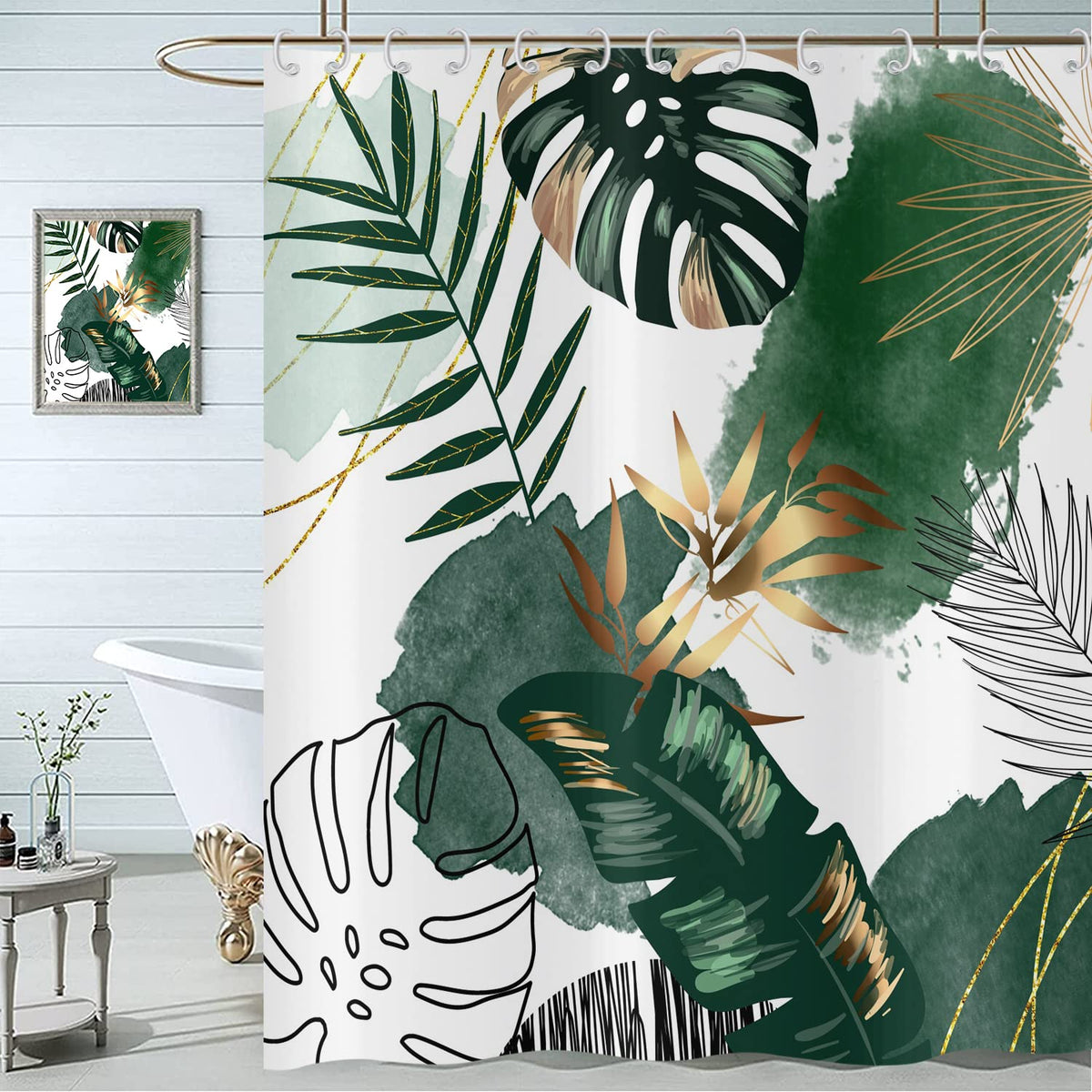 Boho Shower Curtain 180x200, Hnmdmyi Abstract Green Tropical Leaves Bathroom Curtains Mid Century Modern Geometric Minimalist Aesthetic Art Waterproof