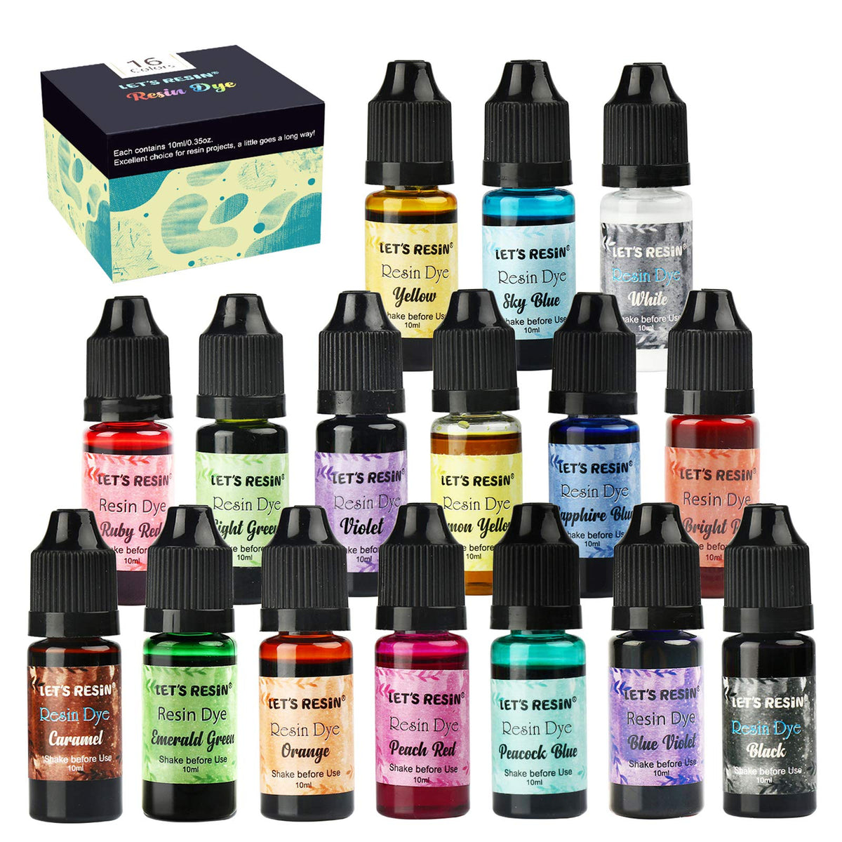 LET'S RESIN Epoxy Resin Pigment 16 Color Liquid Resin Dye, Resin Colorant for Jewelry, Art Crafts DIY Making (Each 10ml)