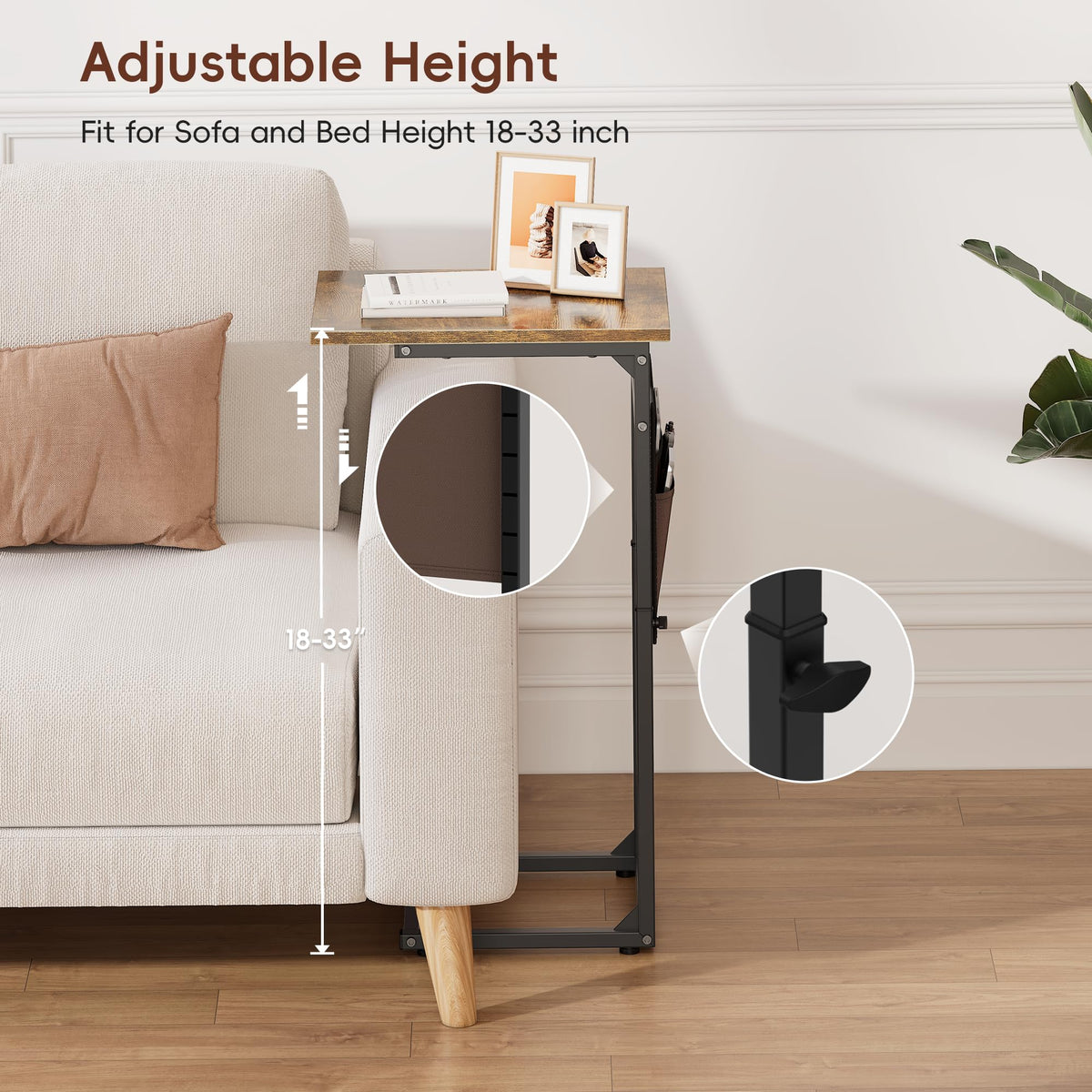 Vagusicc C-Shaped Side Table, Height Adjustable Sofa Side Table, Bedside Table with Cloth Storage Bag, C Tables End Table for Small Spaces