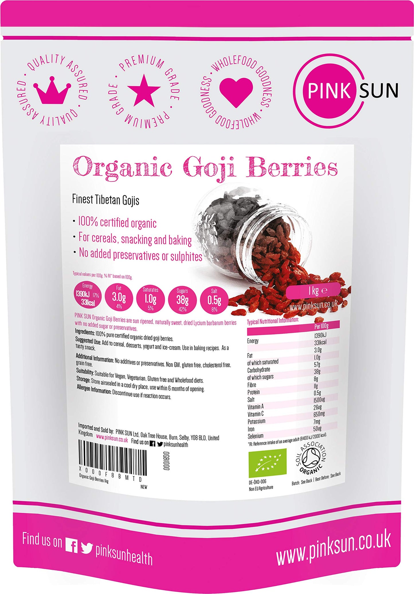PINK SUN Organic Goji Berries 1kg (or 2kg 3kg) Raw Natural Sun Dried Gluten Free Preservative Free No Added Sugar or Sulphites from Tibetan Plateau