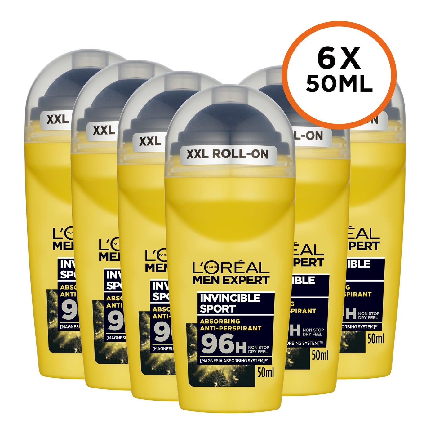 L'Or?al Paris Men Expert 96H Invincible Sport Anti-Perspirant Roll On Deodorant for Men, 50ml Pack of 6, Bulk Buy