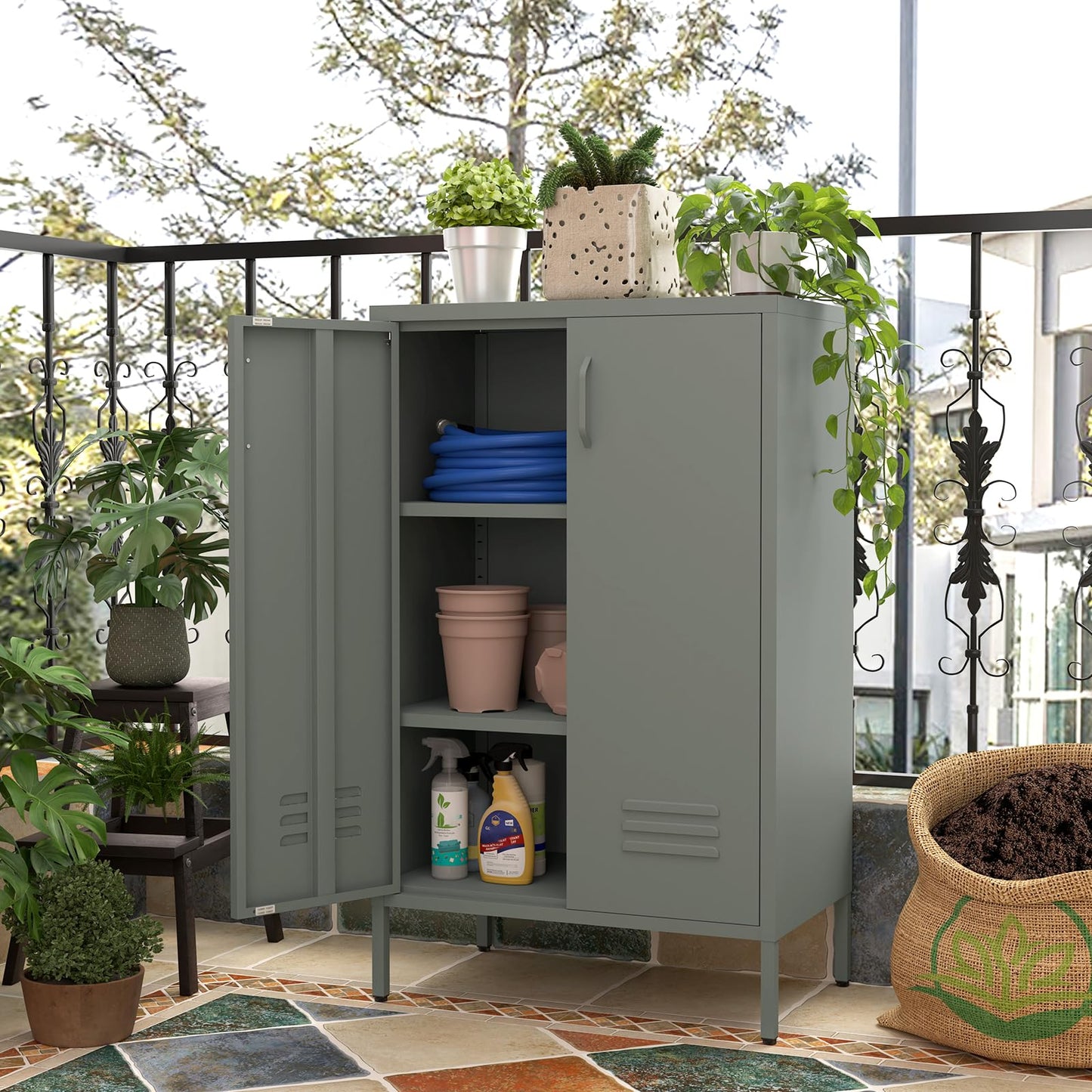 GREATMEET Metal Locker Storage Cabinet, Accent Storage Cabinet, Metal Pantry Cabinet with Doors,Locker Cabinet for Living Room,Kitchen,Office,Grey
