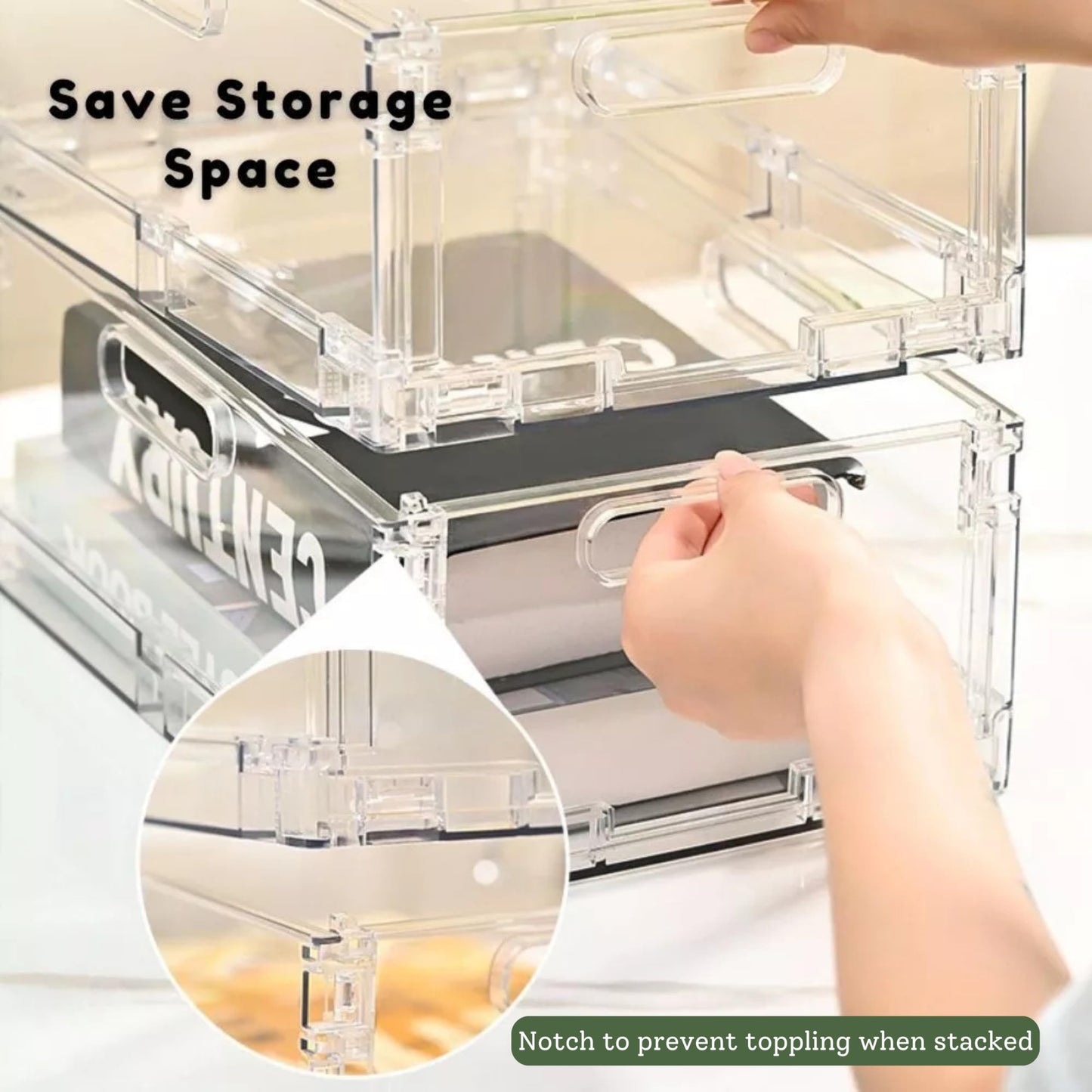 REHUK Premium 2 Pack Strong Transparent Plastic Collapisble Stackable Storage Organiser Box (Small - 20.5L x 15.5W x 9H CM)