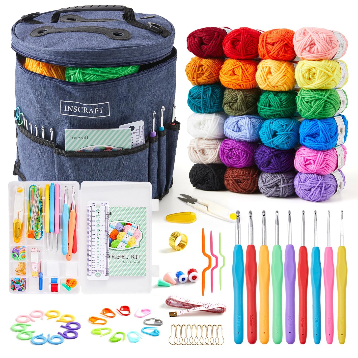 Inscraft Crochet Yarns Kit for Beginners Adults, 24 Acrylic Yarns Set for Crocheting, 1320 Yards Knitting Yarn Bag Kit, 73PCS Crochet Accessories Set