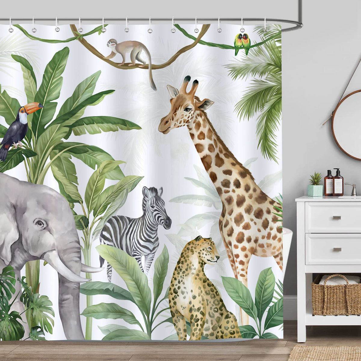 Bonhause Tropical Rainforest Animals Shower Curtain Jungle Elephant Giraffe Leopard Bathroom Curtain 180 x 180 cm Waterproof Mildew & Mould Resistant