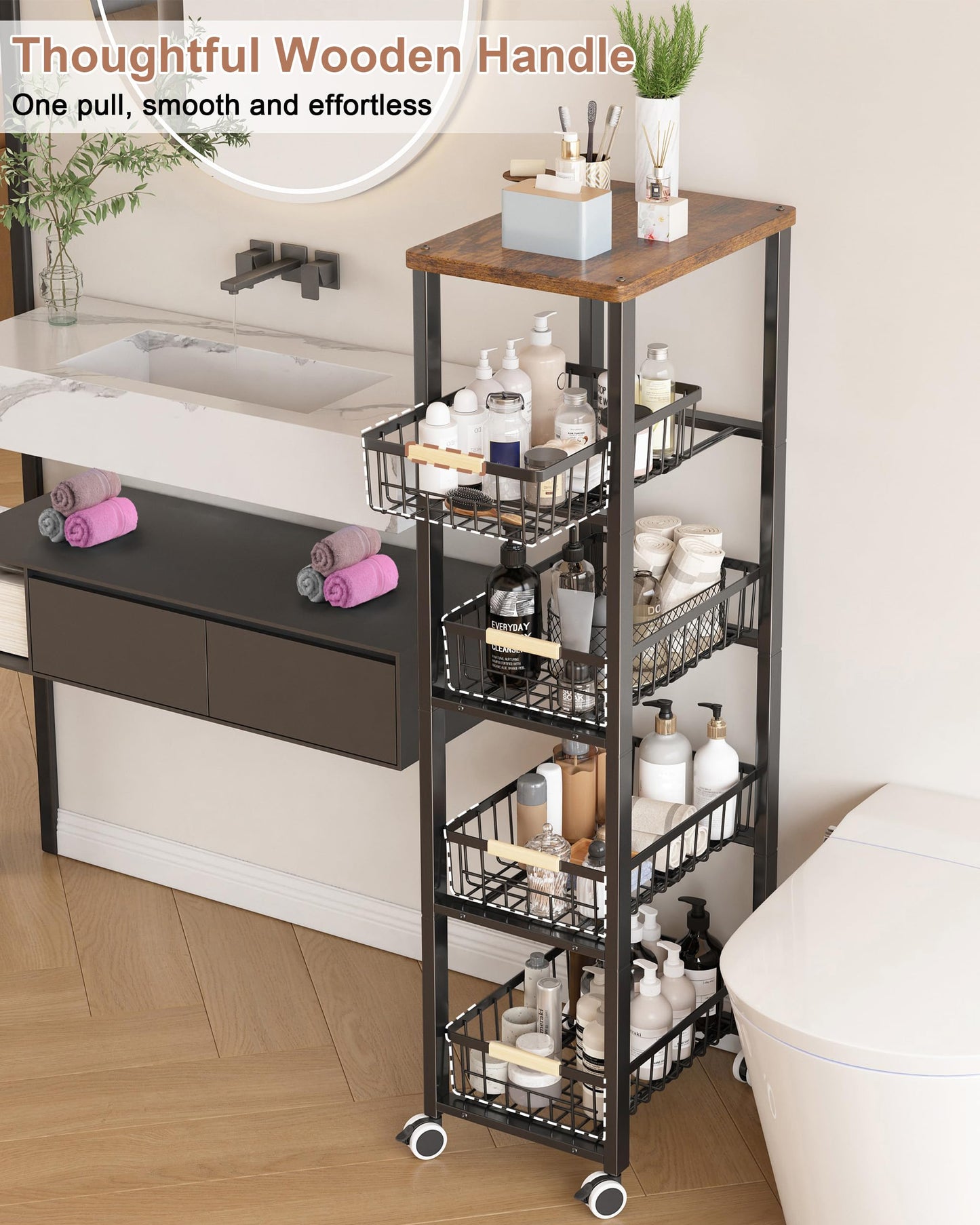 Ornestia 5-tier Vegetable Rack with Wooden Top for Kitchen Storage(Black