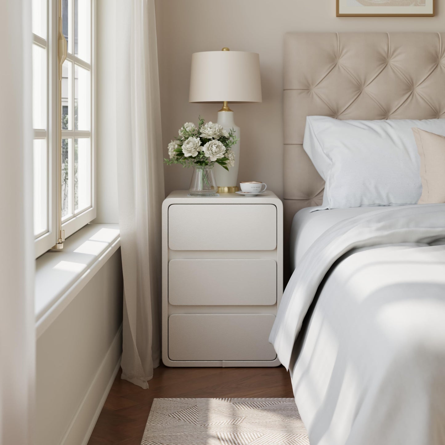 AQIMUELE Small Bedside Table, Slim Bedside Table with 3 Drawers, Assembled Narrow Side End Table with Leather Surface for Bedroom, 40cm (White)
