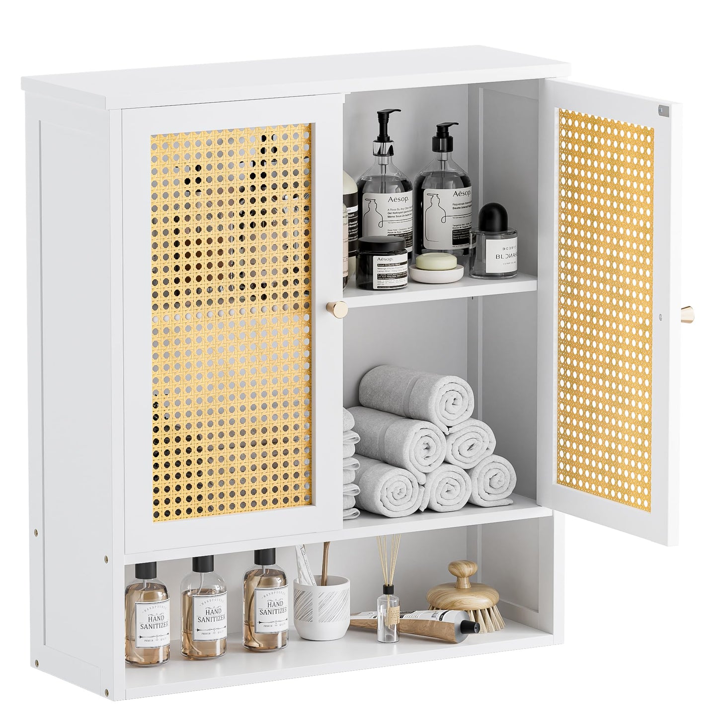 HITNET Bamboo Medicine Cabinet, Rattan Bathroom Wall Cabinet Over Toilet, Floating Space Saver Storage Organizer with 2 Doors and Open Shelf for
