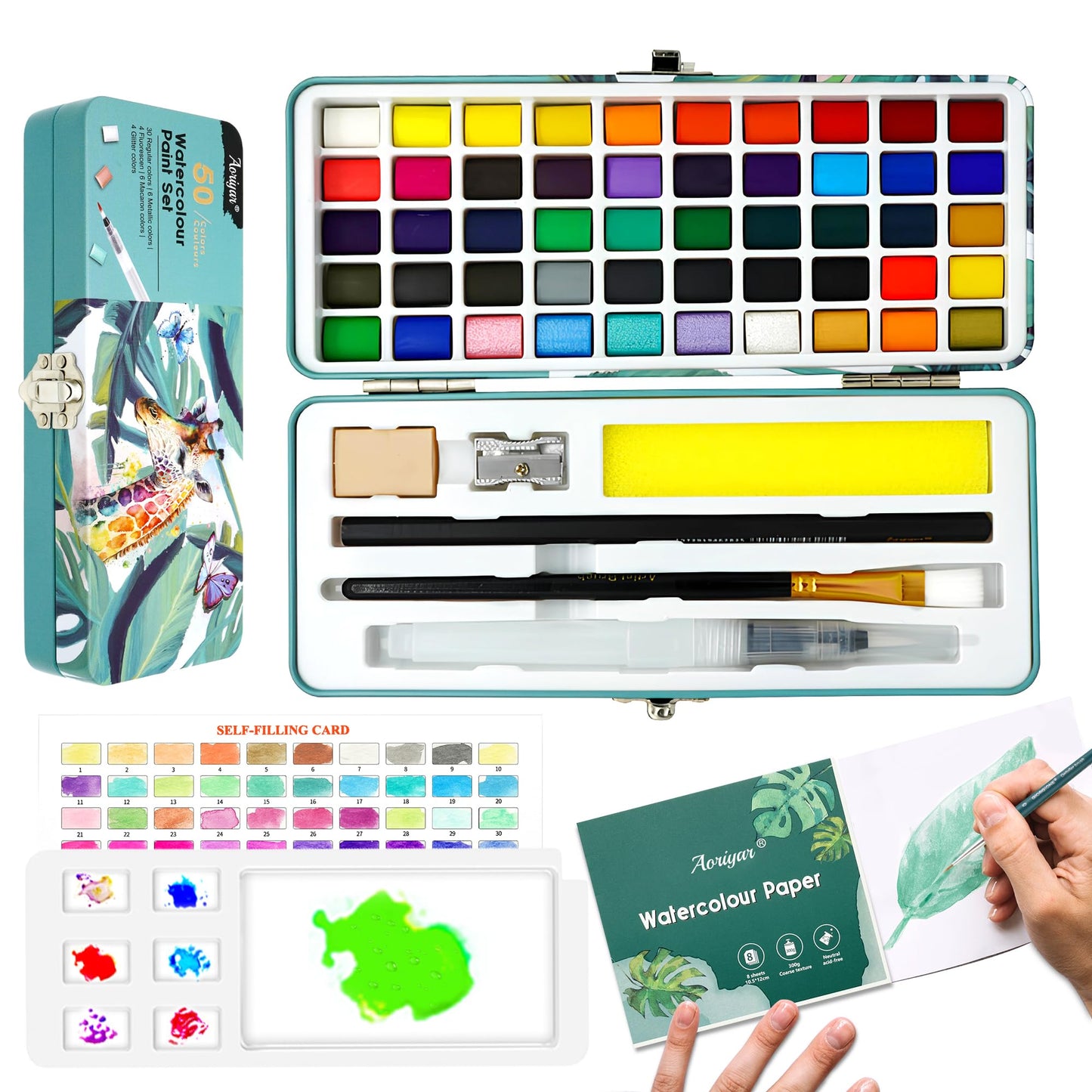 Watercolour Paint Travel Sets with Palette - 50 Art Supplies Water Color Painting Professional Kit for Kids Adults Artists - Portable Metallic