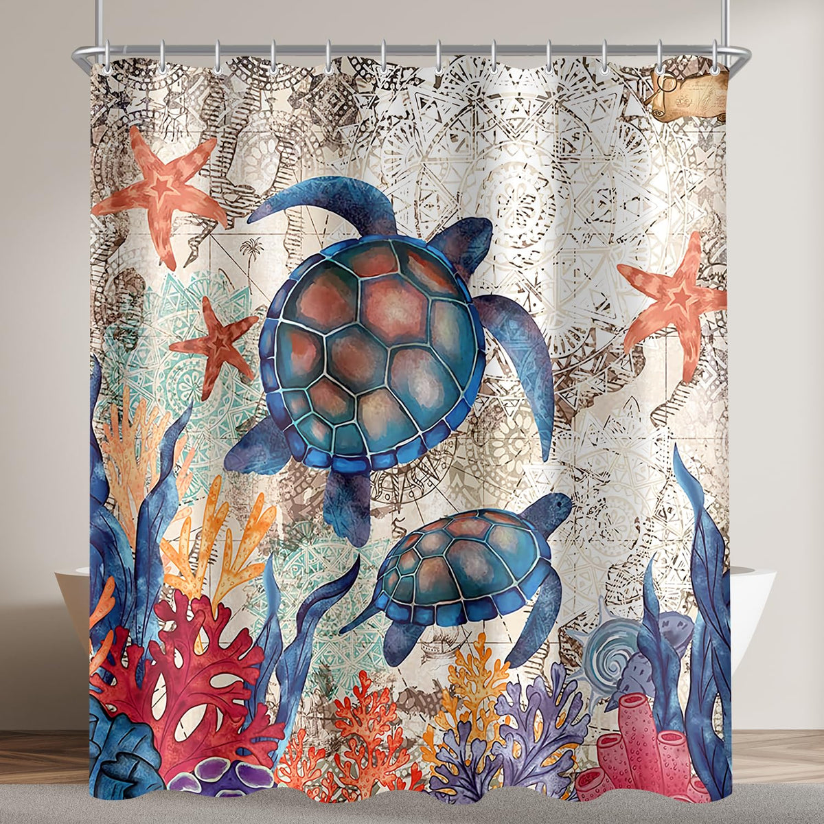 Lerores Shower Curtain, 180 x 200 cm, Turtle Starfish Anti-Mould Textile, Weighted Hem Water-Repellent, Washable Polyester Bath Curtains with 12