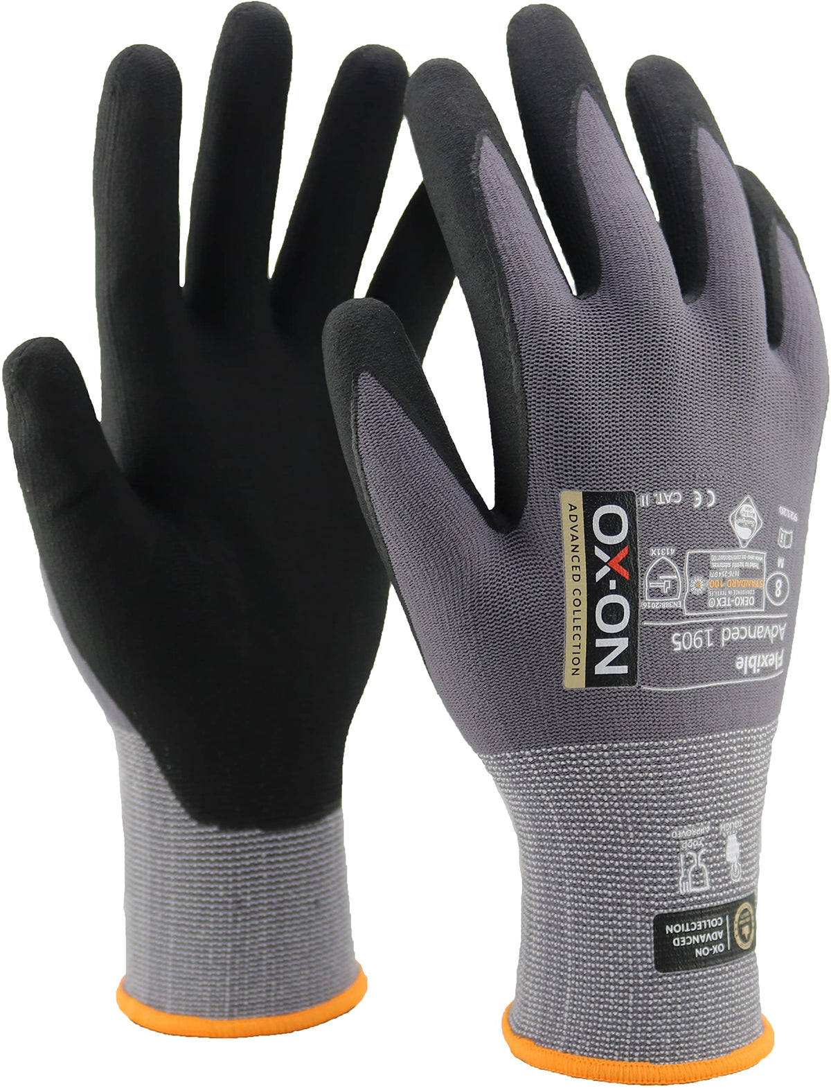 OX-ON Flexible Advanced 1905 Grey Work Gloves, Size 11/2XLarge, 12 Count, Touch Screen Compatible, Breathable, Durable Nitrile Palm, Oeko-Tex