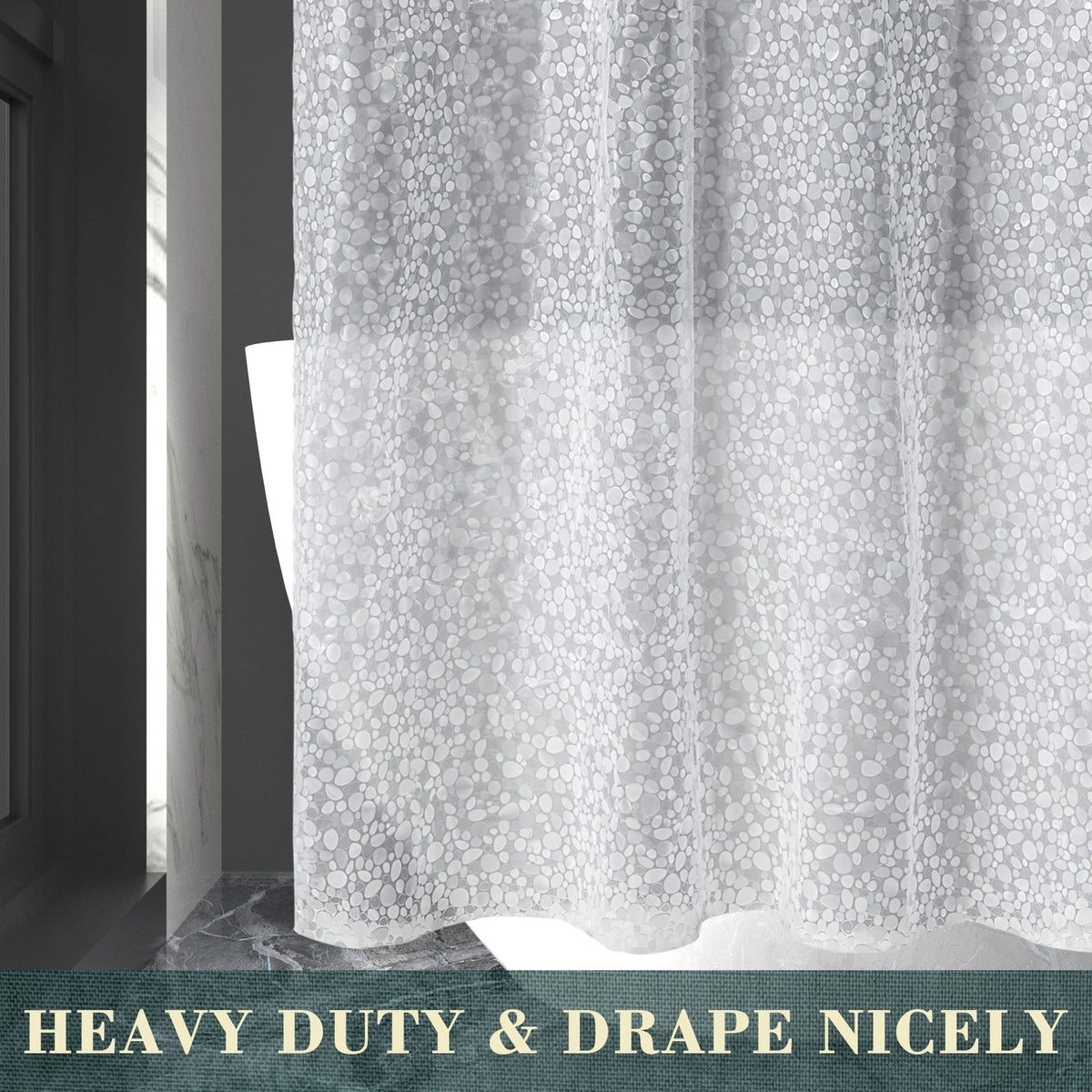 ABLUEN No Hook Shower Curtain or Liner - 8G Heavy Duty Cobblestone Bathroom Shower Curtain No Hooks Required, Waterproof Plastic & PVC Free