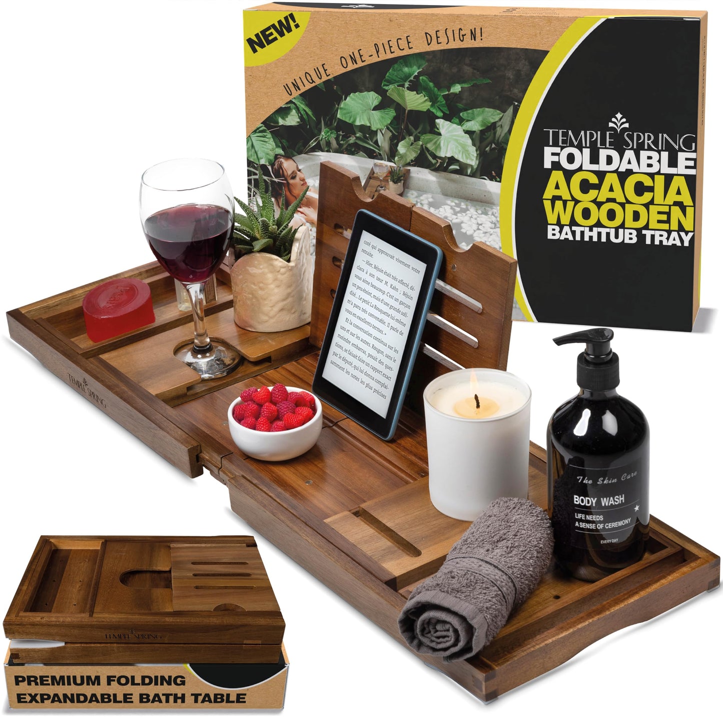 Temple Spring Acacia Foldable Bath Tray, Unique Design Wooden Bath Shelf Bathroom Accessory, Home Spa Boards for Adults, Tub Caddy, Wood Bathroom