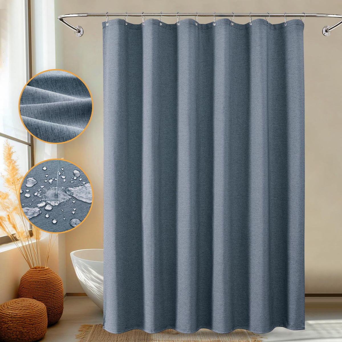 Shower Curtain, Anti-Blow Heavy-Duty Linen-Texture Fabric Shower Curtain, Extra Soft Double-layer waterproof Shower Curtains With Smart Function